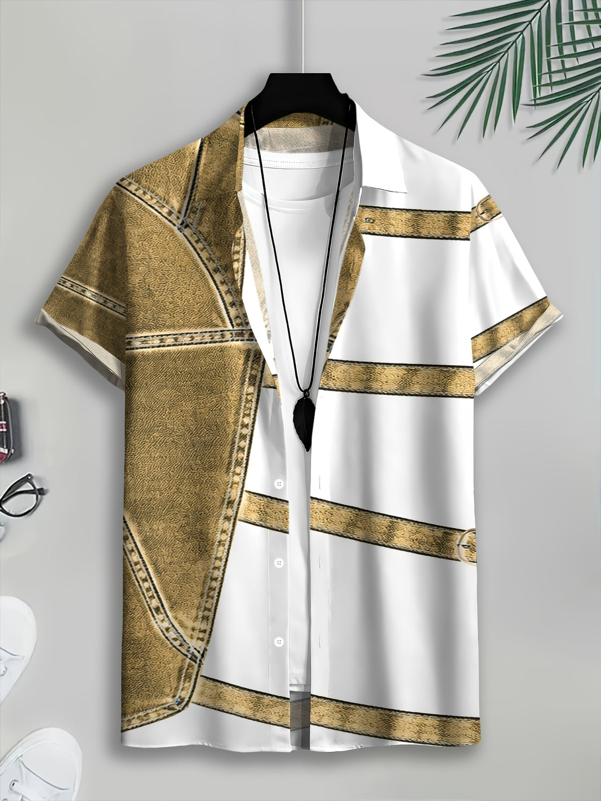 PrintedDesign-NotTextured 2dprinting Denim And Black Patchwork Style Men's Casual Shirt Print Denim Texture Design Summer Bold Contrast Panels