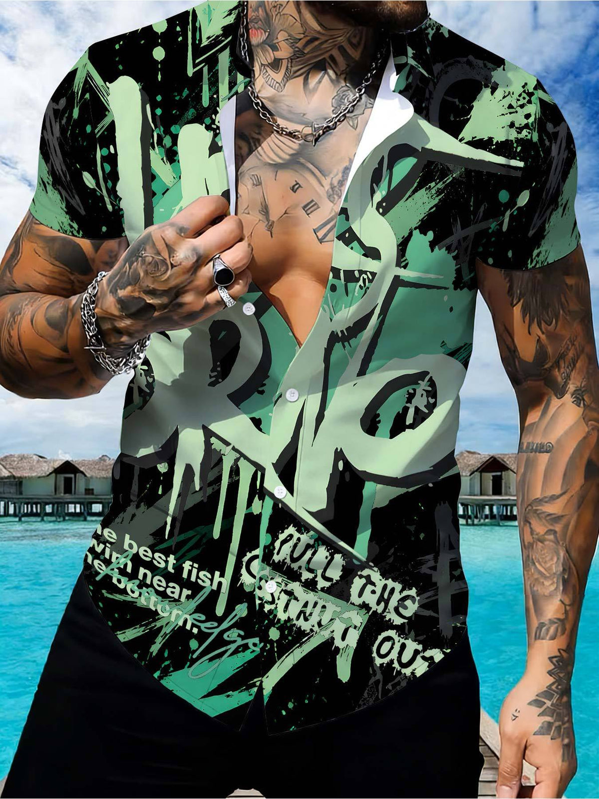 Men's Short-sleeve Shirt, Street Style Graffiti Digital Print, Trendy and Versatile Design