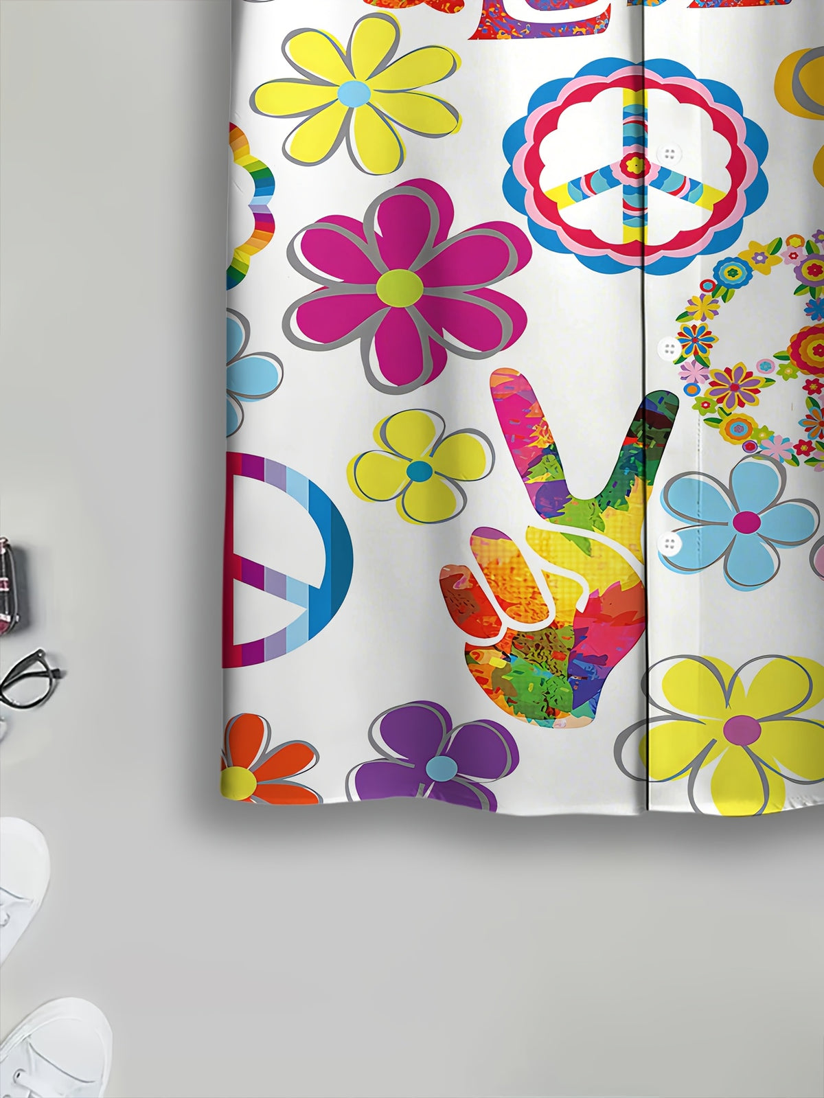 Hippie Style Men'S Casual Shirt, Print Peace And Love Floral Pattern, Summer Vibrant Colors And Retro Symbols