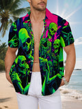 New Men'S Casual Short-Sleeve Shirt Featuring a Fluorescent Skull Design, Creating a Vibrant And Eerie Atmosphere, Perfect for Festive Gatherings And Versatile for Commuting. Made from Machine-Washable Polyester Fabric with a Button Print
