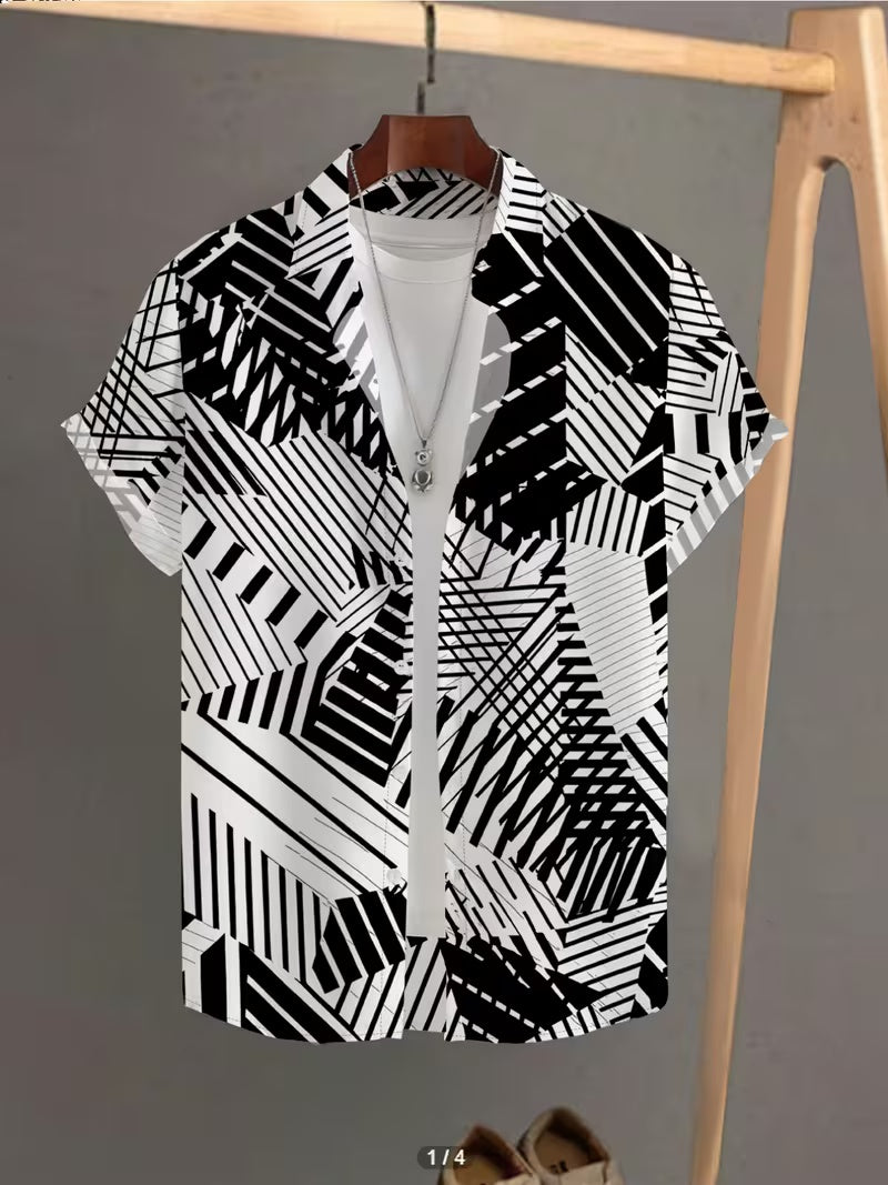 Hawaiian Black and White Line Print Men's Casual Shirt - Short Sleeve Button-Up Design, Vibrant Colors, Summer Outdoor and Casual Wear, Machine Washable