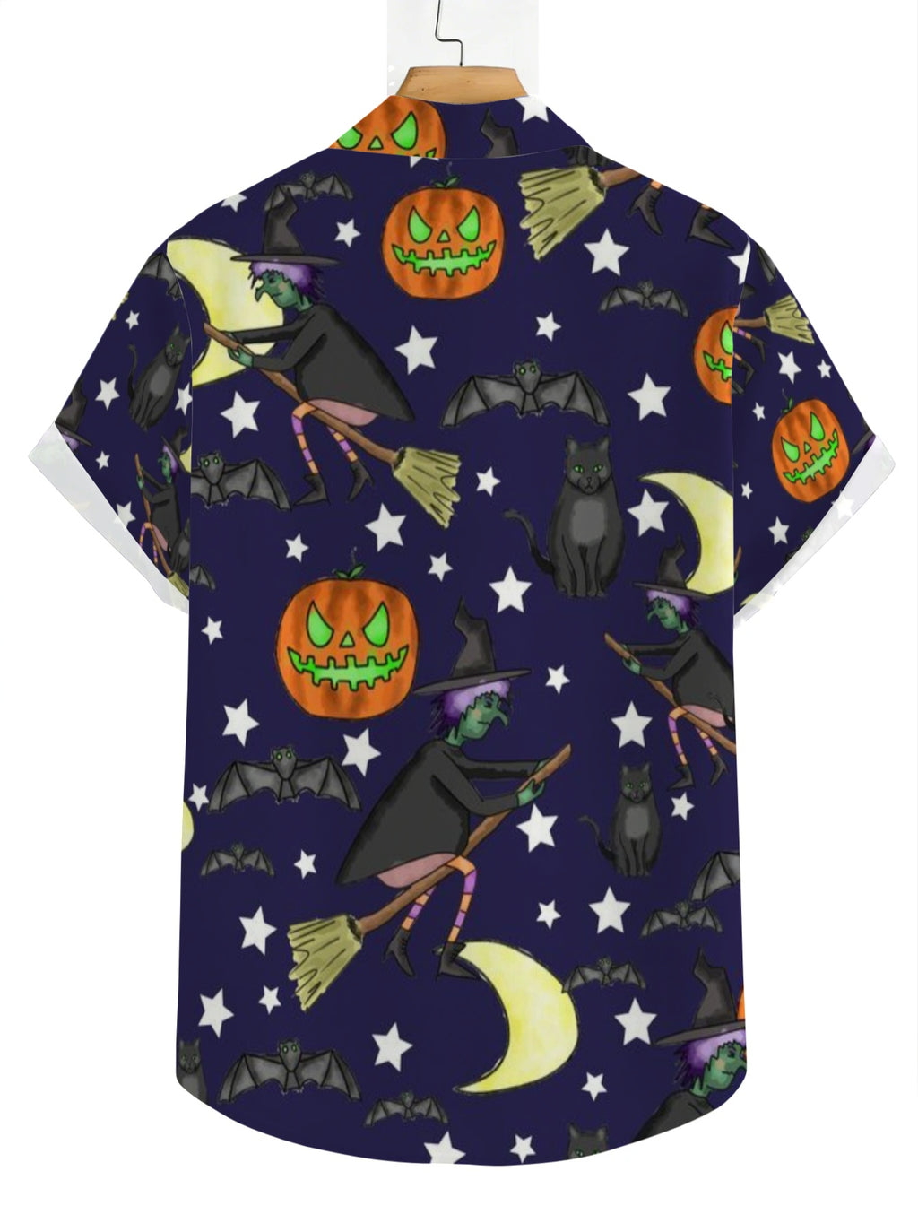 Men'S Navy Blue Cartoon Witch, Pumpkin, Black Cat, Bat, And Star Print Hawaiian Shirt, Turn- Collar Short Sleeve Buttoned Beach Vacation Shirt, Casual Turn- Collar Top for Young Men'S Halloween Party