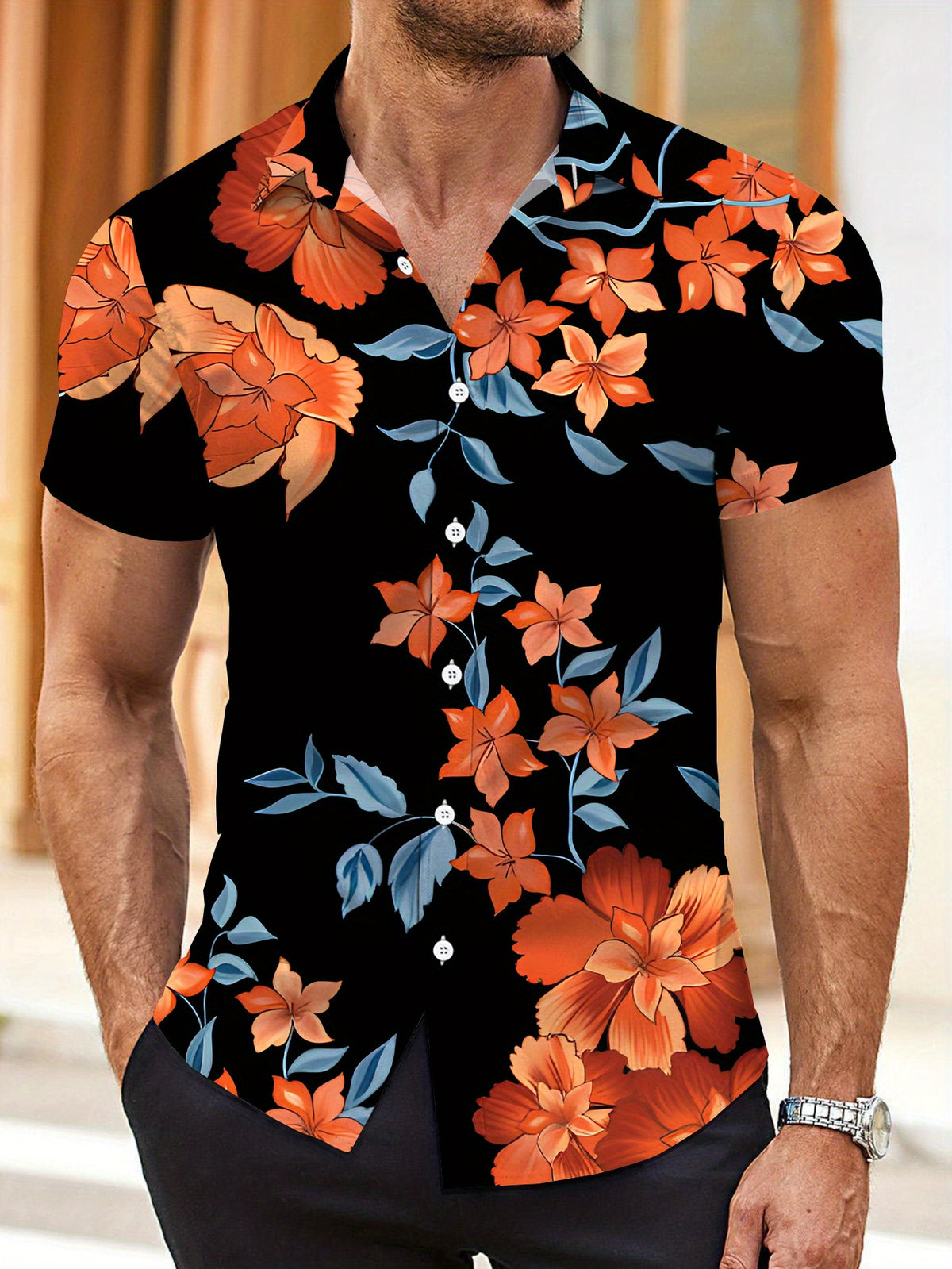 Men's Bohemian Style Printed Short-Sleeve Shirt - Regular Fit, Black Base with Vibrant Orange Flowers and Green Leaves Pattern, Suitable for All Seasons for Casual and Formal Wear, Daily Commuting, Parties, Office, Elegant New Year Top, Opaque Fabric