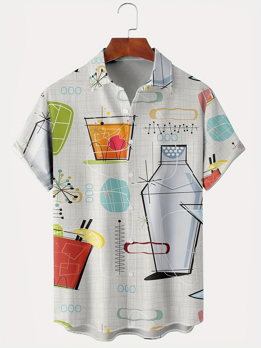 Men'S Vintage 60s Geometric Atomic Cocktail Shirt with Button Pocket, Polyester 100%, Regular Fit, Woven Fabric, Slight Stretch, Summer Season, Lapel Collar, 120g/m² - 0208, Plus Size