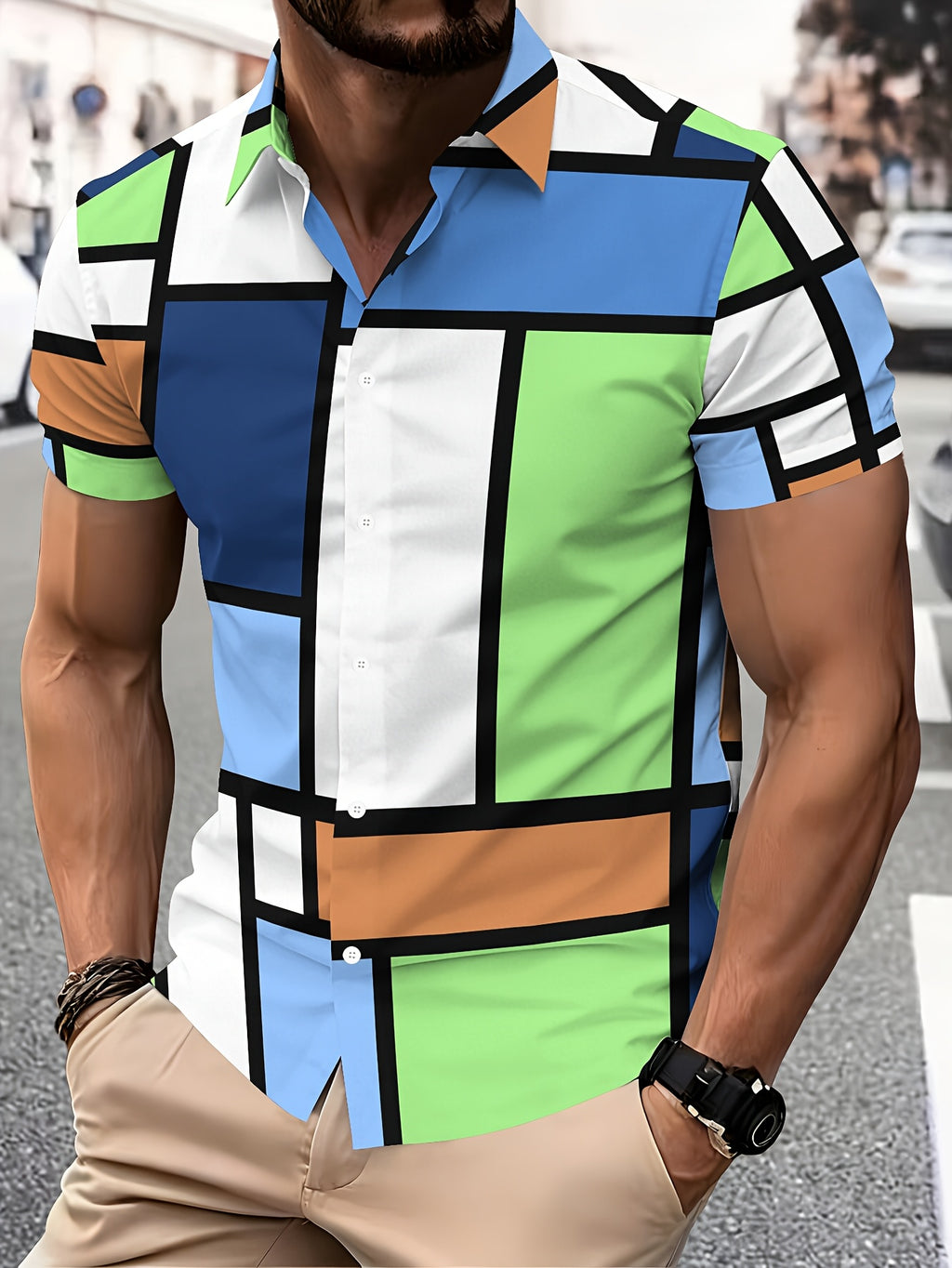 Geometric Pattern Men's Casual Shirt Print Multicolor Abstract Design Summer Bold Color Blocks