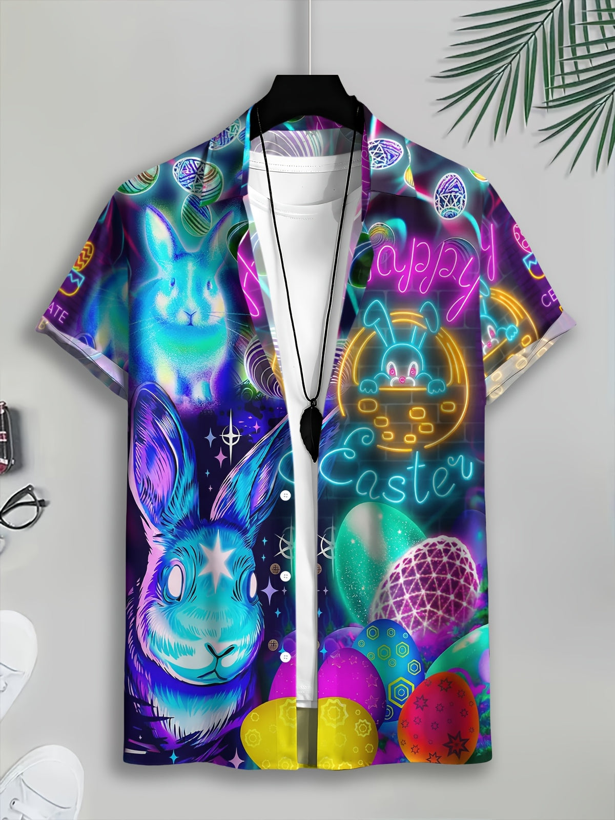 Hawaiian Style Men'S Casual Shirt, Printed Multicolor Easter Bunny And Eggs Design, Spring Neon Glow Effect