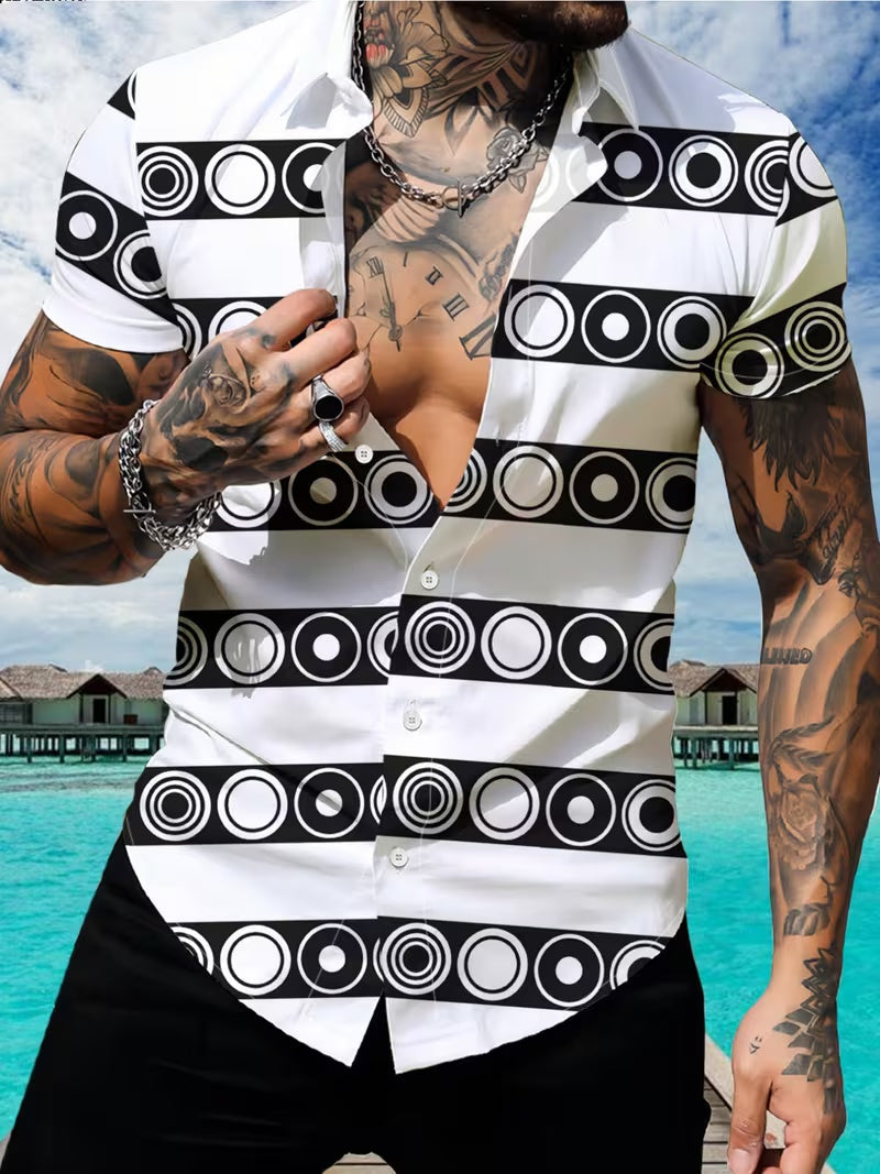 Hawaiian Polka Dot Print Men's Casual Shirt - Short Sleeve Button Design, Vibrant Colors, for Summer Outdoor and Casual Wear, Machine Washable