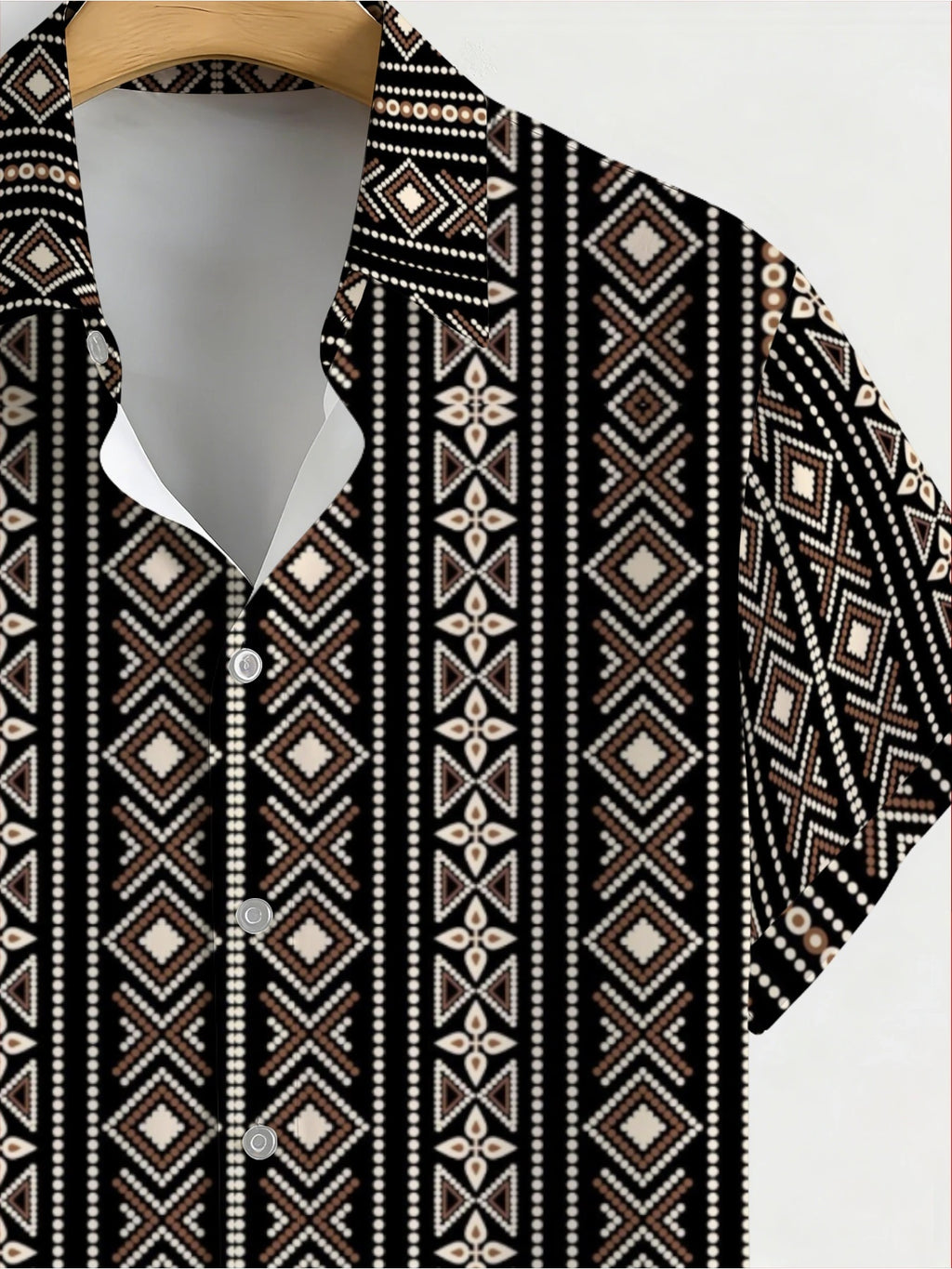 Men's Simple Bohemian Tribal Geometric Hawaiian Shirt, Featuring a Black Base with Vertical Stripes and a Full-printed Brown and White Diamond Ethnic Pattern, a Casual Short-sleeved Collared Shirt for the Seaside and Streets, a Low-key and Stylish Su
