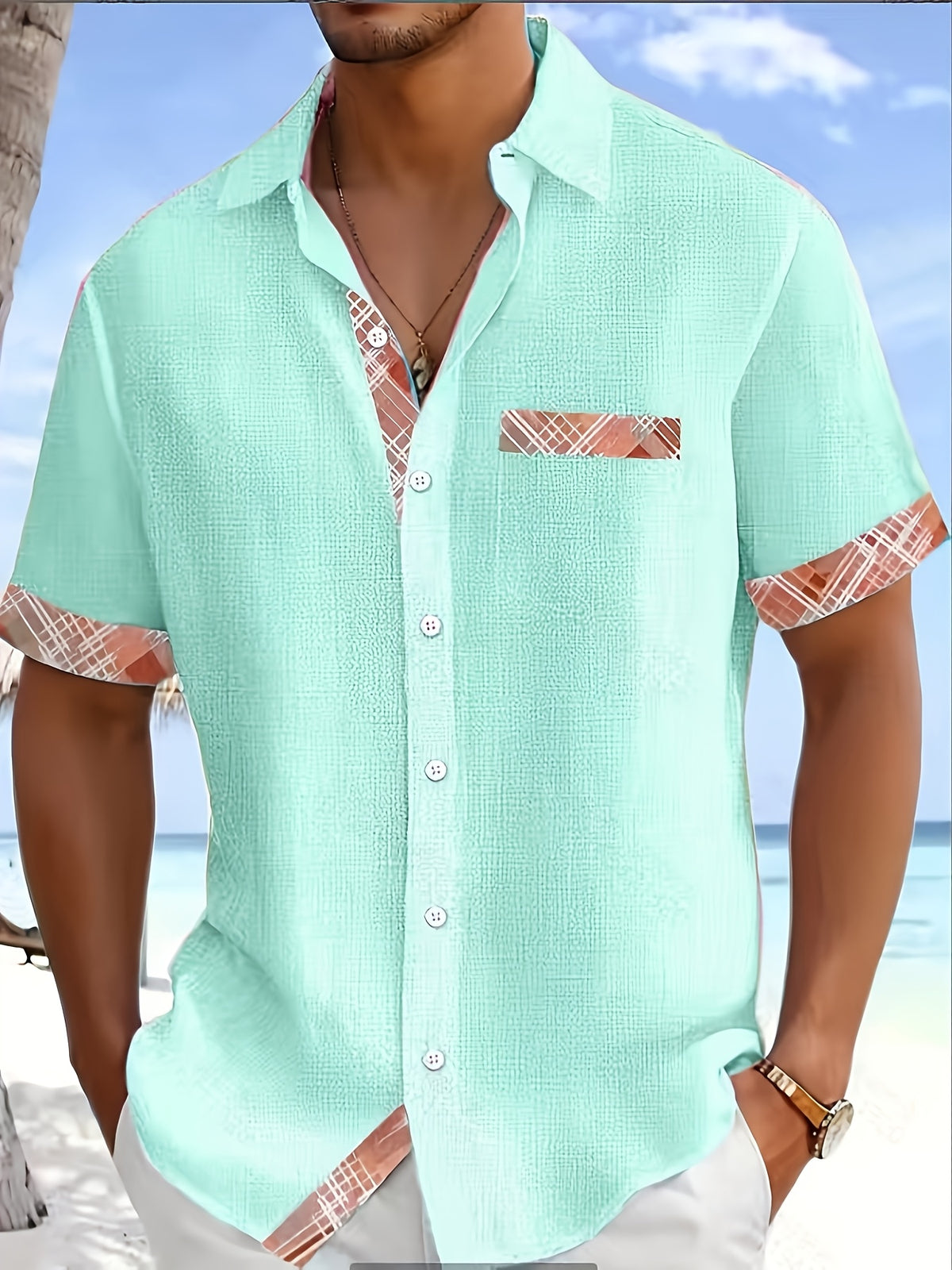 Basic Geometric Plaid Print Men's Plus Size Button Pocket Short Sleeve Turn- Collar Shirt