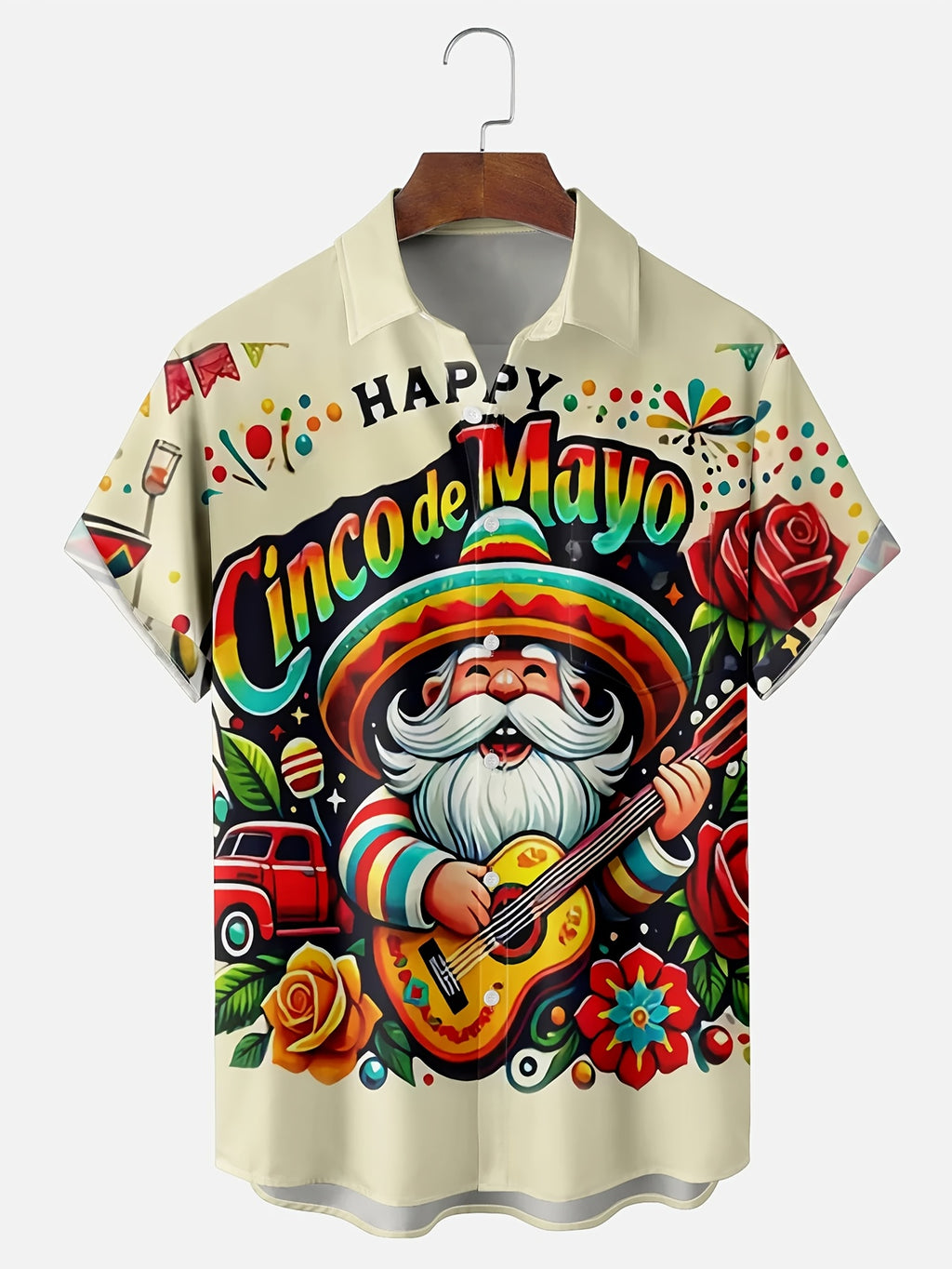 Men'S Plus Size Cinco de Mayo Print Hawaiian Shirt | Vintage Style, Lapel Collar, Non-Stretch Fabric, Button Closure, Regular Fit, Summer Season, All-Over Print with Pocket