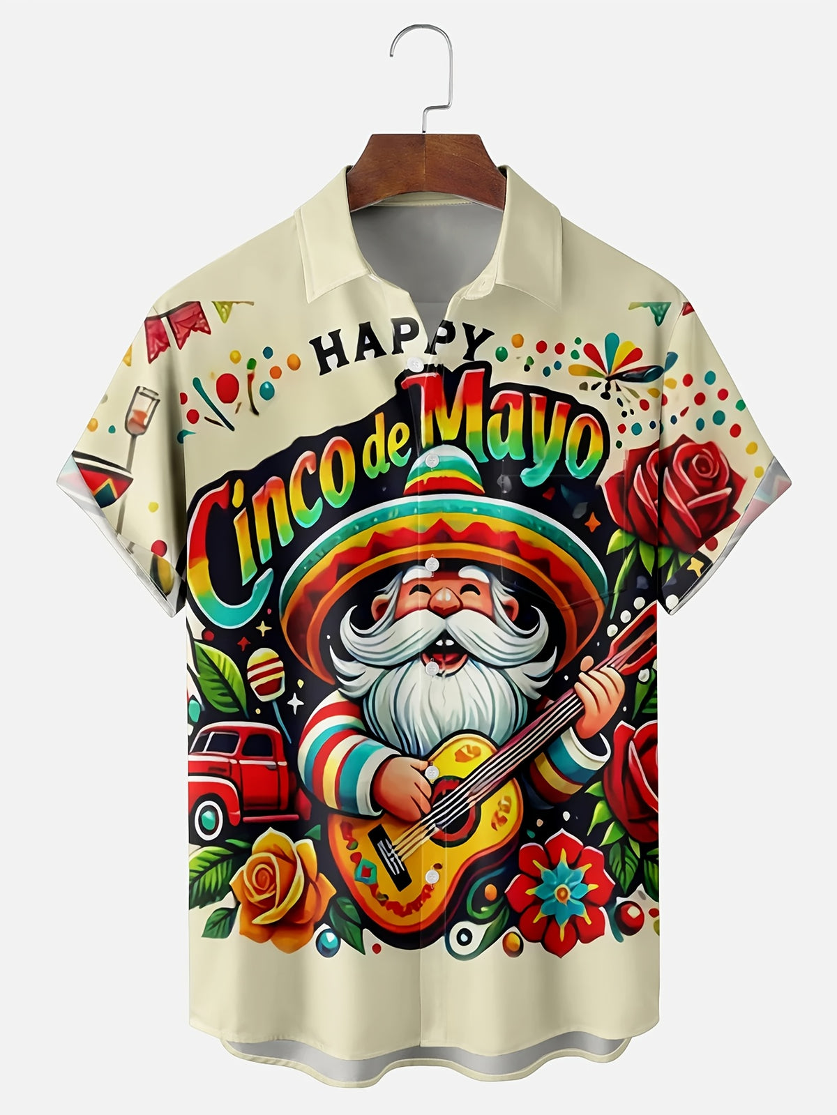Men'S Plus Size Cinco de Mayo Print Hawaiian Shirt | Vintage Style, Lapel Collar, Non-Stretch Fabric, Button Closure, Regular Fit, Summer Season, All-Over Print with Pocket