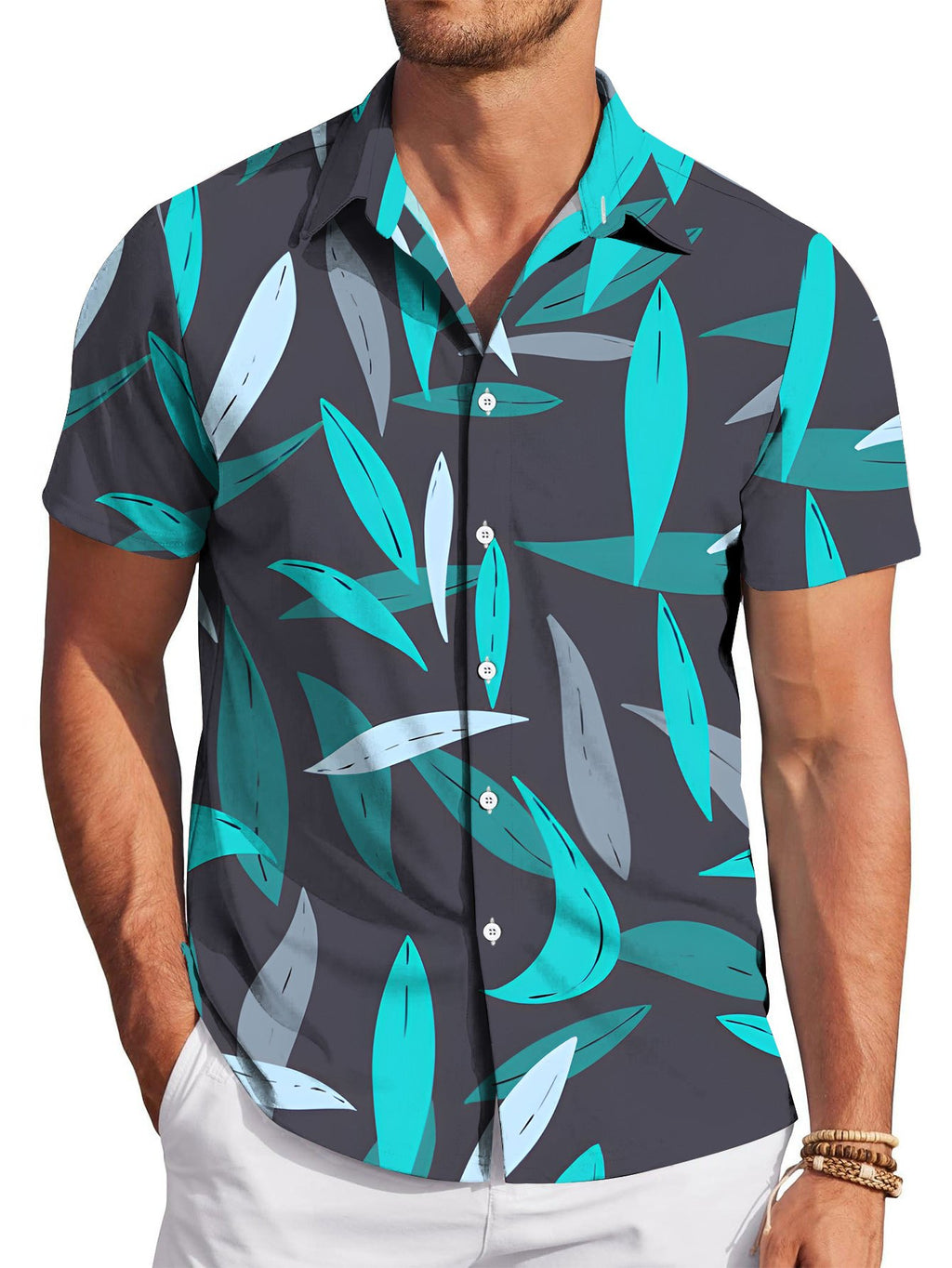 Men's Casual Short-sleeve Shirt with Leaf Pattern in Blue and Gray Color Scheme, Simple Style, Suitable for Beach and Summer Wear, Stylish and Versatile for Men's Casual Beach Outfits
