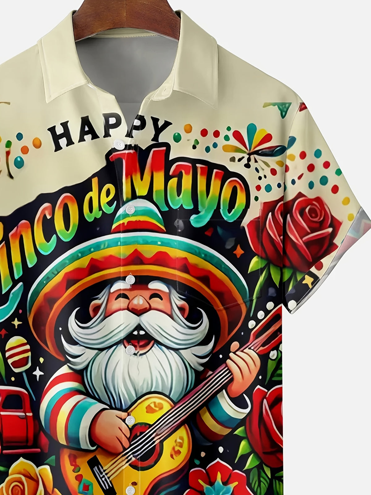 Men'S Plus Size Cinco de Mayo Print Hawaiian Shirt | Vintage Style, Lapel Collar, Non-Stretch Fabric, Button Closure, Regular Fit, Summer Season, All-Over Print with Pocket