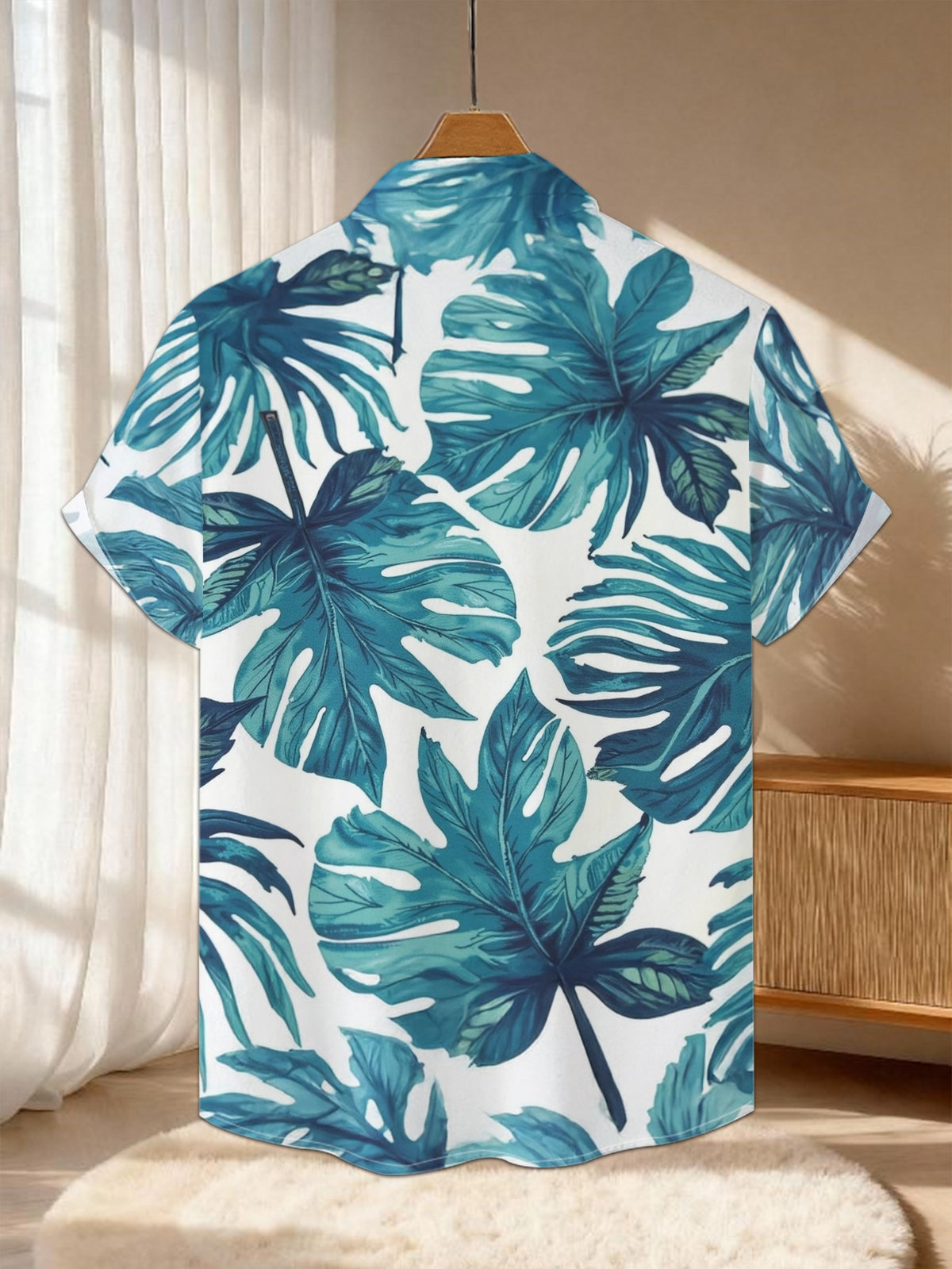 New Men's Casual Short-Sleeve Shirt, Teal Blue with Hand-Painted Monstera Leaf All-Over Print, Versatile for Holiday Parties and Commuting, Polyester Fiber Fabric, Machine Washable, Button- Printed Shirt