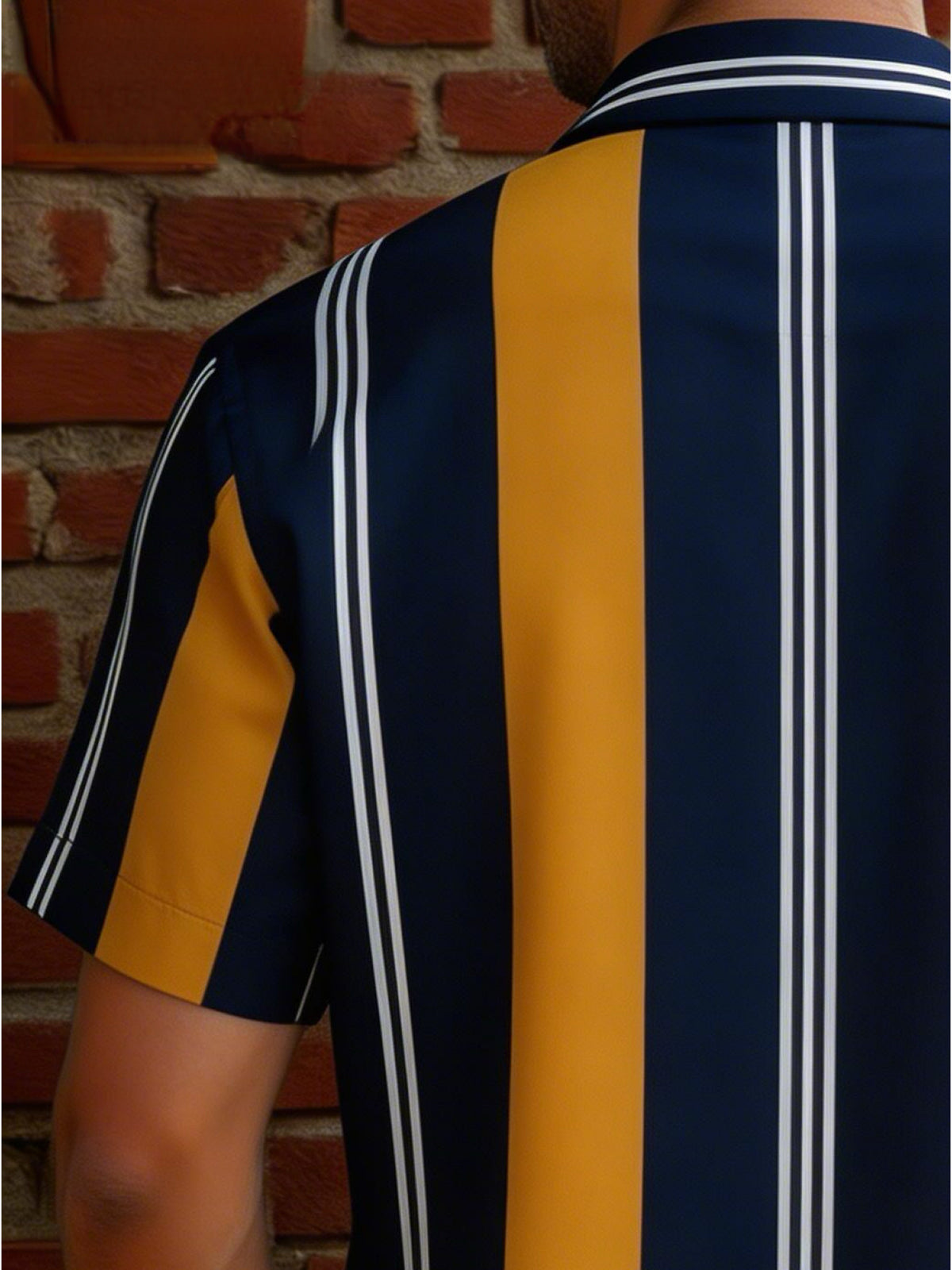 Men's Vintage Geometric Patchwork Shirt, a Navy Blue, Yellow, and White Vertical Stripe Short-sleeve Shirt. Featuring a Navy Blue Base Color with Wide Yellow Stripes and Fine White Lines as the Core Design, This Slim-fit Single-breasted Shirt Offers