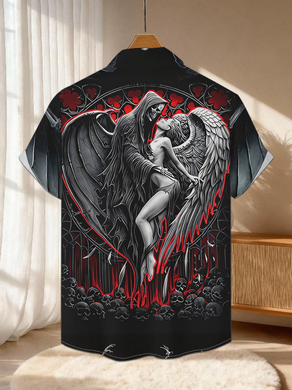 New Men's Casual Short-Sleeve Shirt: Grim Reaper Kissing an Angel, Skeleton in Red Flames in a Dark and Sinister Realm, Versatile for Holiday Parties and Commuting, Polyester Fabric, Machine Washable, Button-Up Printed Shirt