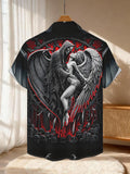 New Men's Casual Short-Sleeve Shirt: Grim Reaper Kissing an Angel, Skeleton in Red Flames in a Dark and Sinister Realm, Versatile for Holiday Parties and Commuting, Polyester Fabric, Machine Washable, Button-Up Printed Shirt