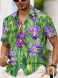 Men's Casual Floral Print Shirt with Vibrant Natural Summer Iris Design in Purple