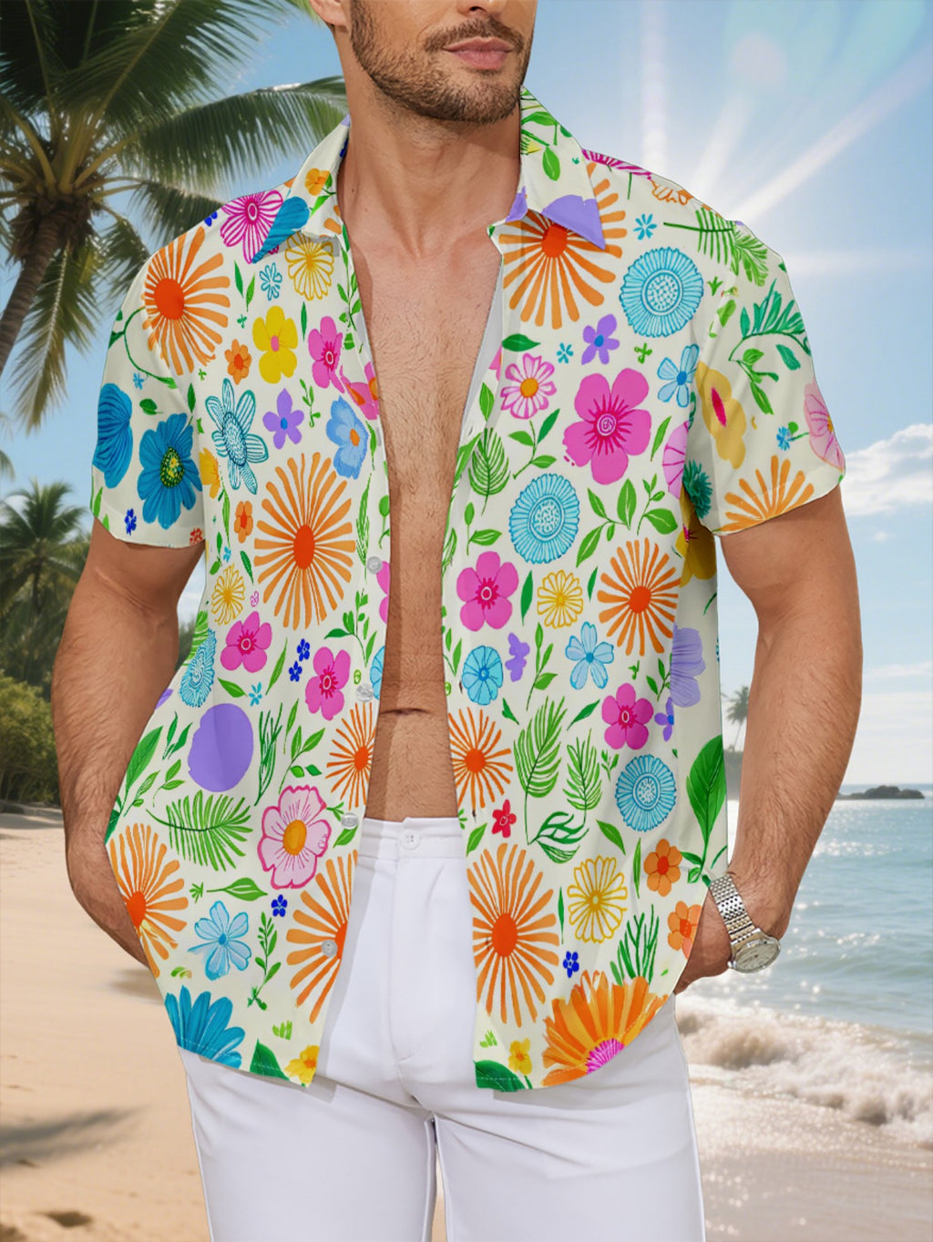 New Men's Casual Short-Sleeve Shirt with Full-Print Vibrant Small Floral and Leaf Pattern, Fresh and Romantic, Versatile for Holiday Parties and Commuting, Machine-Washable Polyester Fiber Fabric, Button-Up Printed Shirt