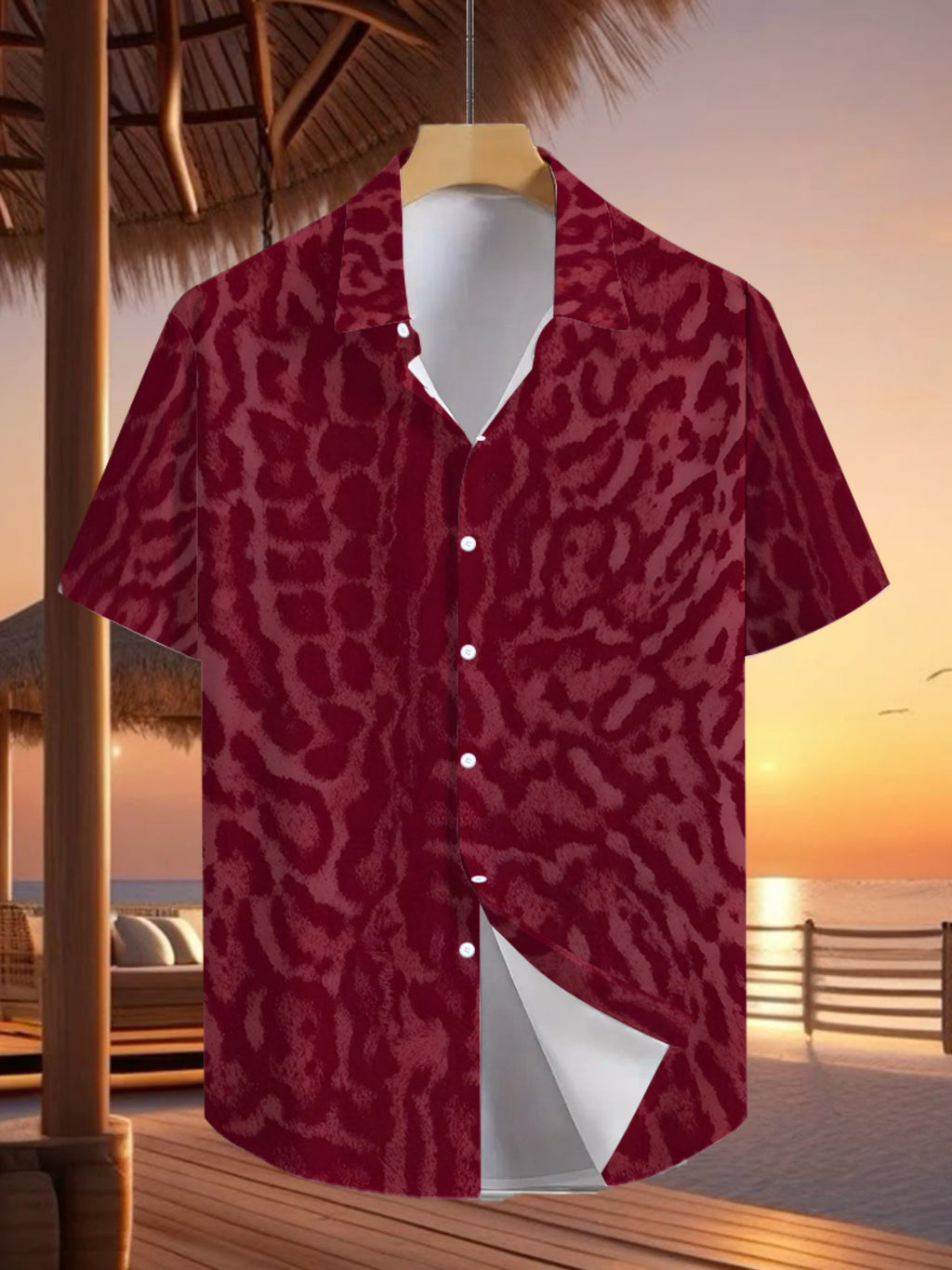 Men's Tropical Red Short-Sleeve Button- Shirt - Loose Fit Casual Summer Beachwear with Collar & Full-Body Tropical Print, Button Front Placket for Outdoor & Smart-Casual Occasions