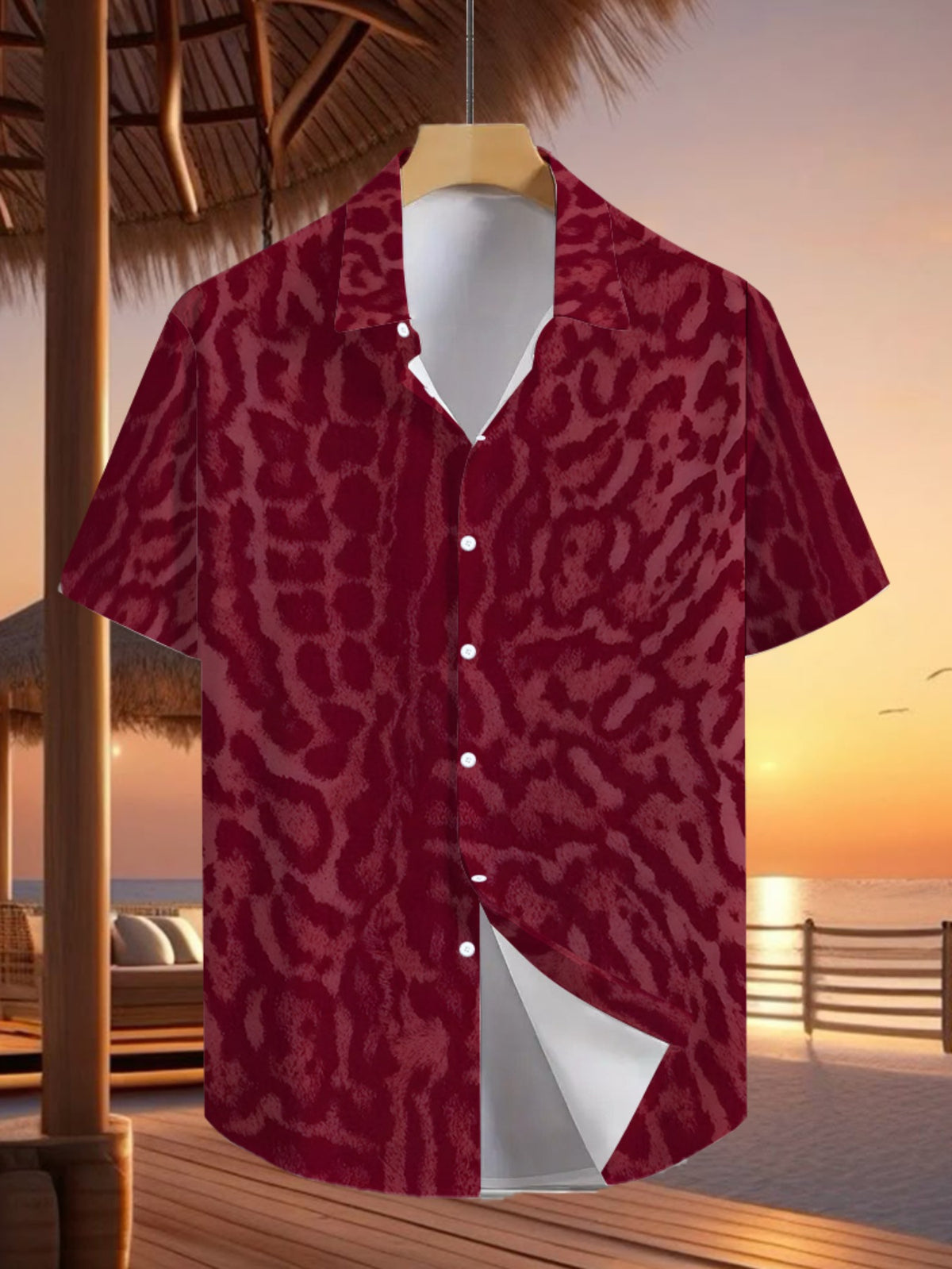 Men's Tropical Red Short-Sleeve Button- Shirt - Loose Fit Casual Summer Beachwear with Collar & Full-Body Tropical Print, Button Front Placket for Outdoor & Smart-Casual Occasions