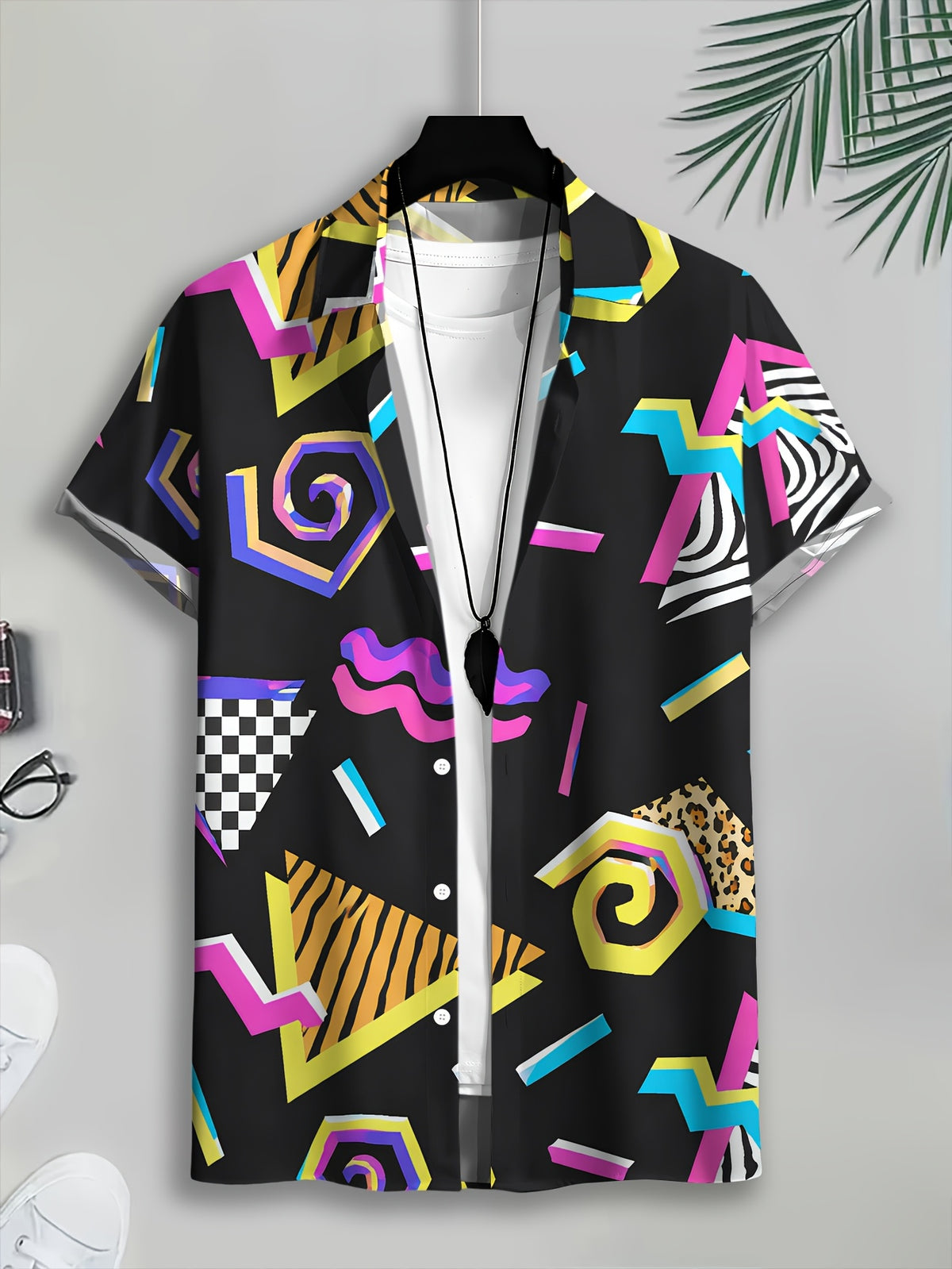 Geometric Abstract Pattern Men'S Casual Shirt Animal Print And Colorful Shapes Summer Bold Print Design