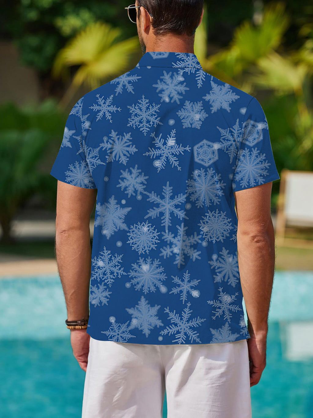 Men'S Casual Short-Sleeve Shirt - Snowflake Print Blue Winter Style, Regular Fit Non-Stretch Fabric, Button-Up for Summer Streetwear And Daily Wear, Fashionable Snowflake Design, All-Season Wear, Trendy Item