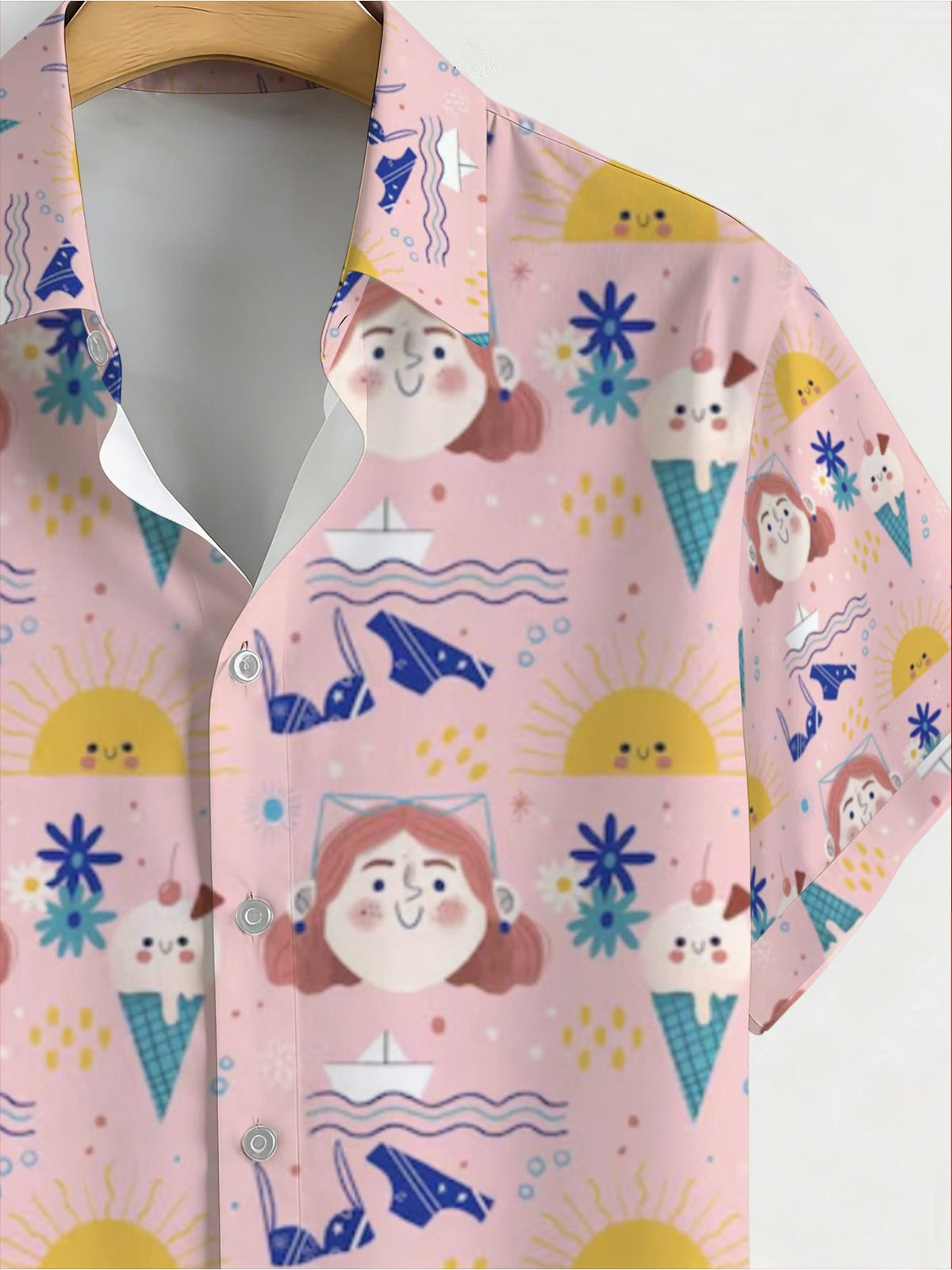 Men'S Cartoon Character Sun, Waves, And Ice Cream Print Hawaiian Shirt, Light Pink Sweet And Fun Summer Seaside Short-Sleeve Collared Shirt, Summer Vacation Couple'S Casual Aloha Shirt, Top Choice for Teenage Men'S Gifts