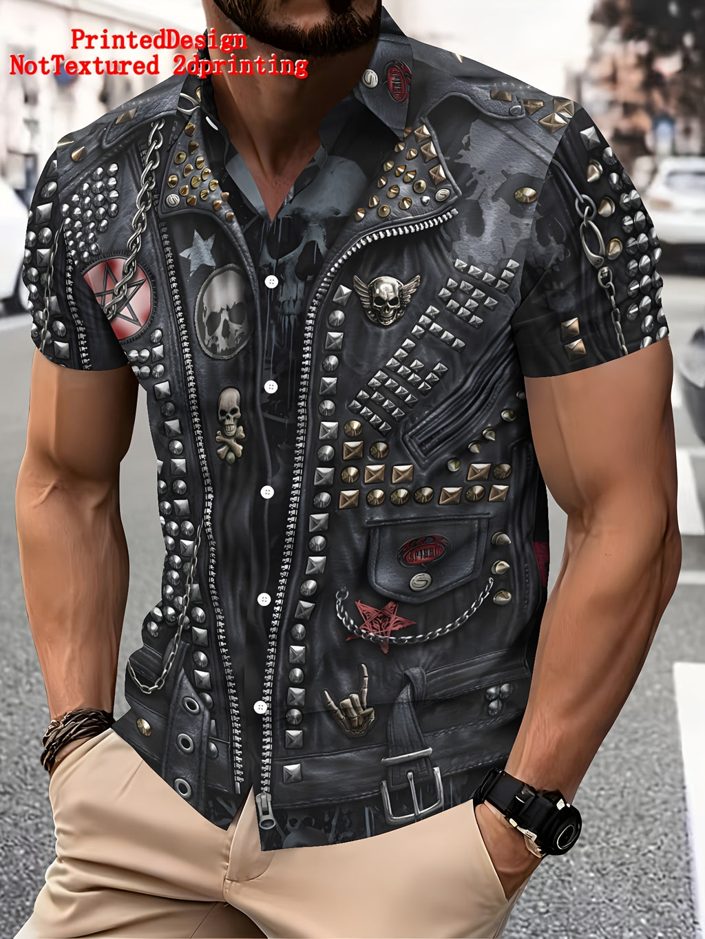 Printed Design-Not Textured 2D Printing Biker Style Men'S Casual Shirt, Print Black Leather Jacket with Skulls And Studs Summer Pattern Highlights