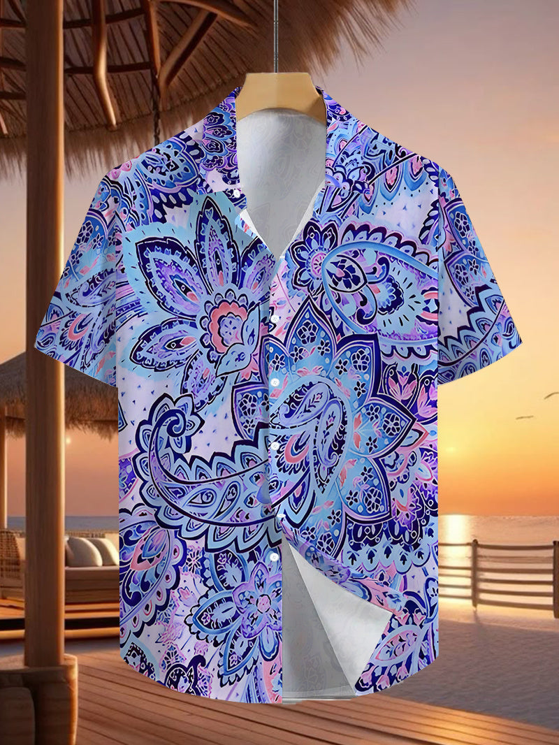 Men's Tropical Blue & Purple Paisley Print Short Sleeve Button- Shirt - Loose Fit Casual Collar Summer Beachwear, Button Front Placket for Outdoor & Smart-Casual Occasions, Suitable for Summer Season Clothing