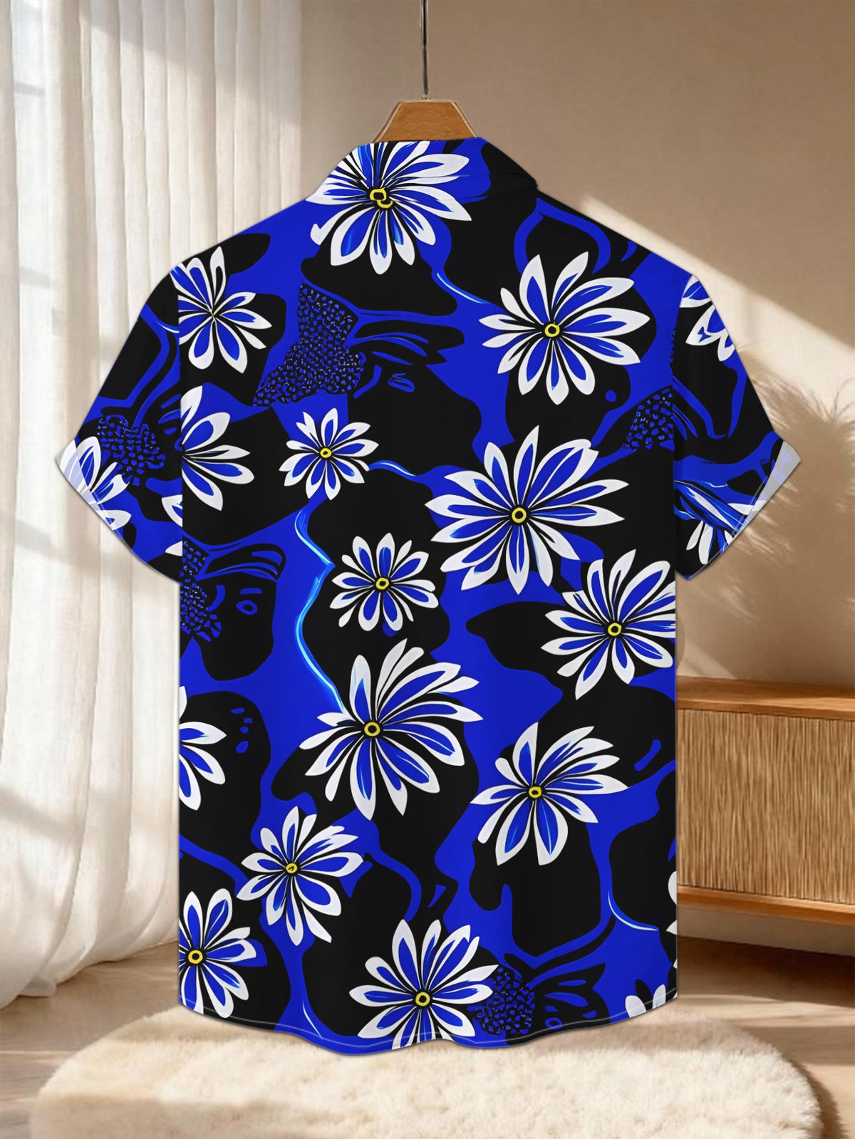New Men'S Casual Short-Sleeve Shirt with a Blue-Black Base And White-Blue Floral Patterns. It Features an Elegant Exotic Feel, Suitable for Holiday Gatherings, Commuting, And Casual Wear. Made from Machine-Washable Polyester Fabric