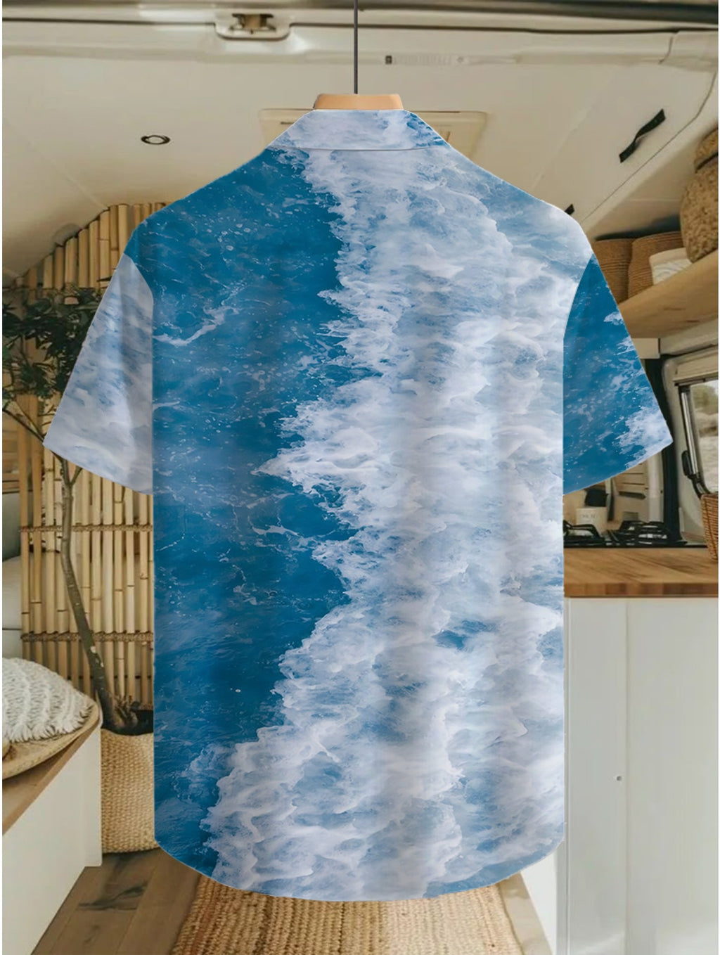 Hawaiian Wave Print Men'S Casual Shirt - Short Sleeve Button- Design, Vibrant Colors, Summer Season Outdoor And Casual Wear, Machine Washable