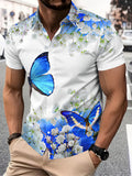 Summer Style Men'S Casual Shirt, Printed Blue Butterfly And White Flowers Pattern, Summer Vibrant Nature Design