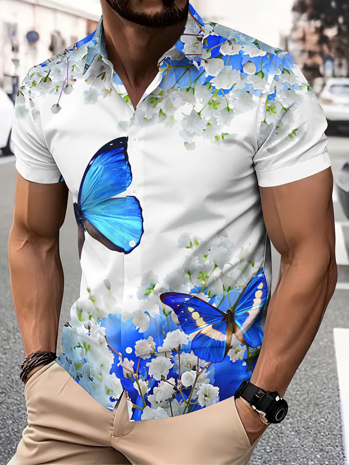 Summer Style Men'S Casual Shirt, Printed Blue Butterfly And White Flowers Pattern, Summer Vibrant Nature Design
