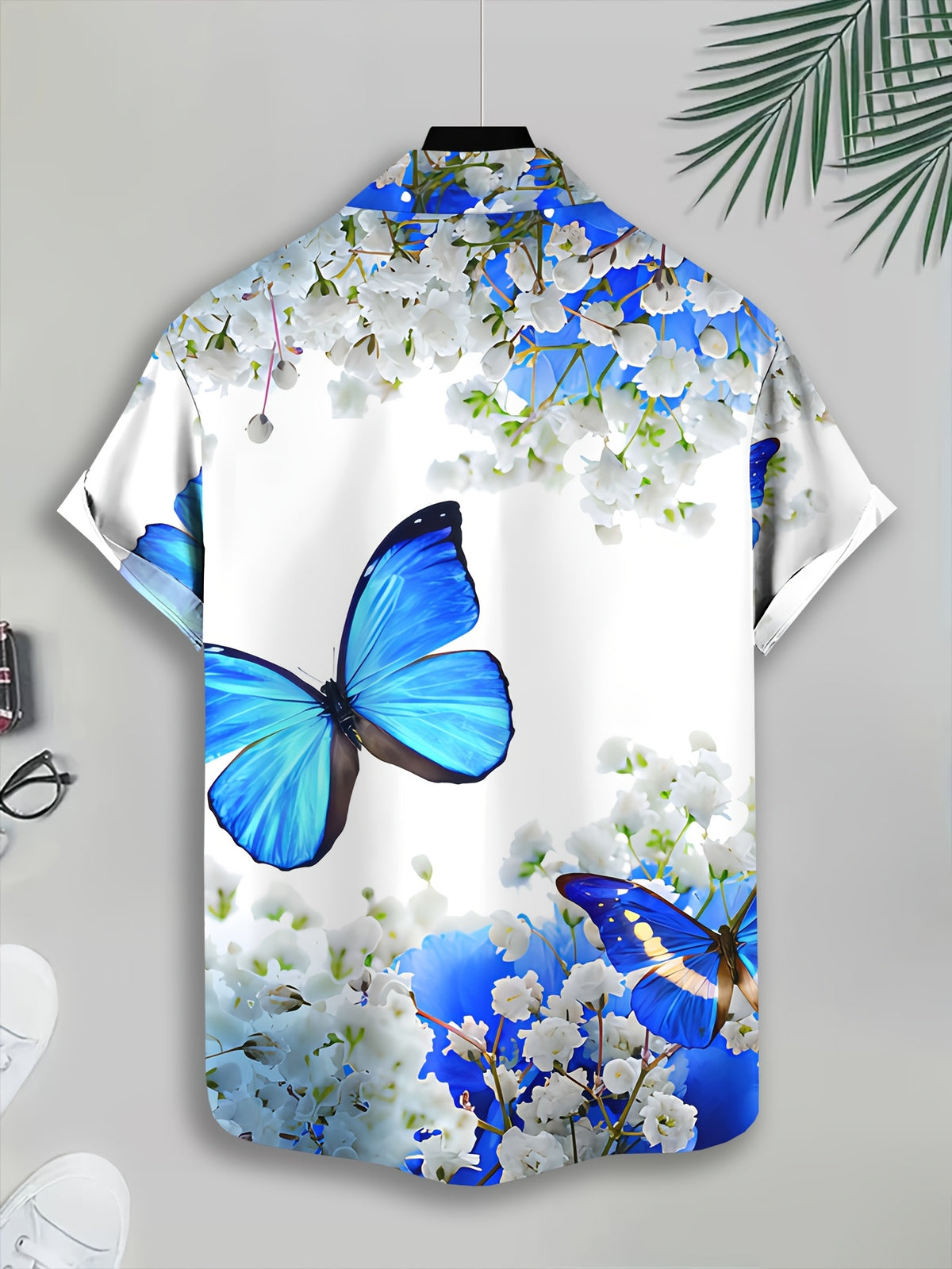 Summer Style Men'S Casual Shirt, Printed Blue Butterfly And White Flowers Pattern, Summer Vibrant Nature Design
