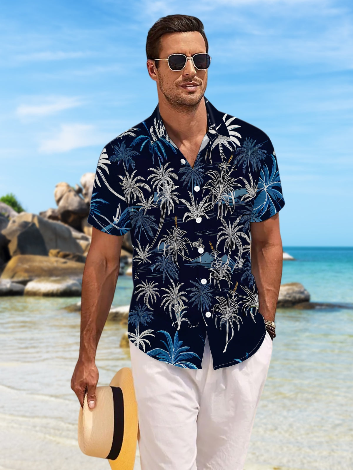New Men'S Casual Short Sleeve Shirt, Night Blue Base with White And Blue Palm Trees, Sparse And Dense Random Distribution, Festive Gathering Commute Versatile, Fabric Machine Washable, Button Print Shirt