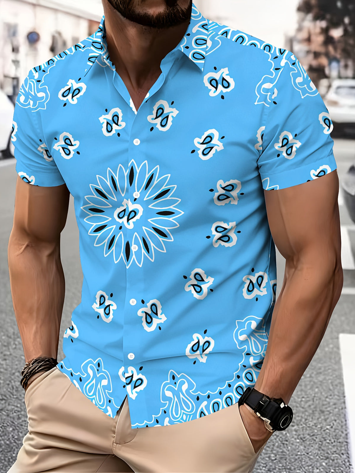 Light Blue Floral Pattern Men'S Casual Shirt, Print Summer Vibrant Tropical Design