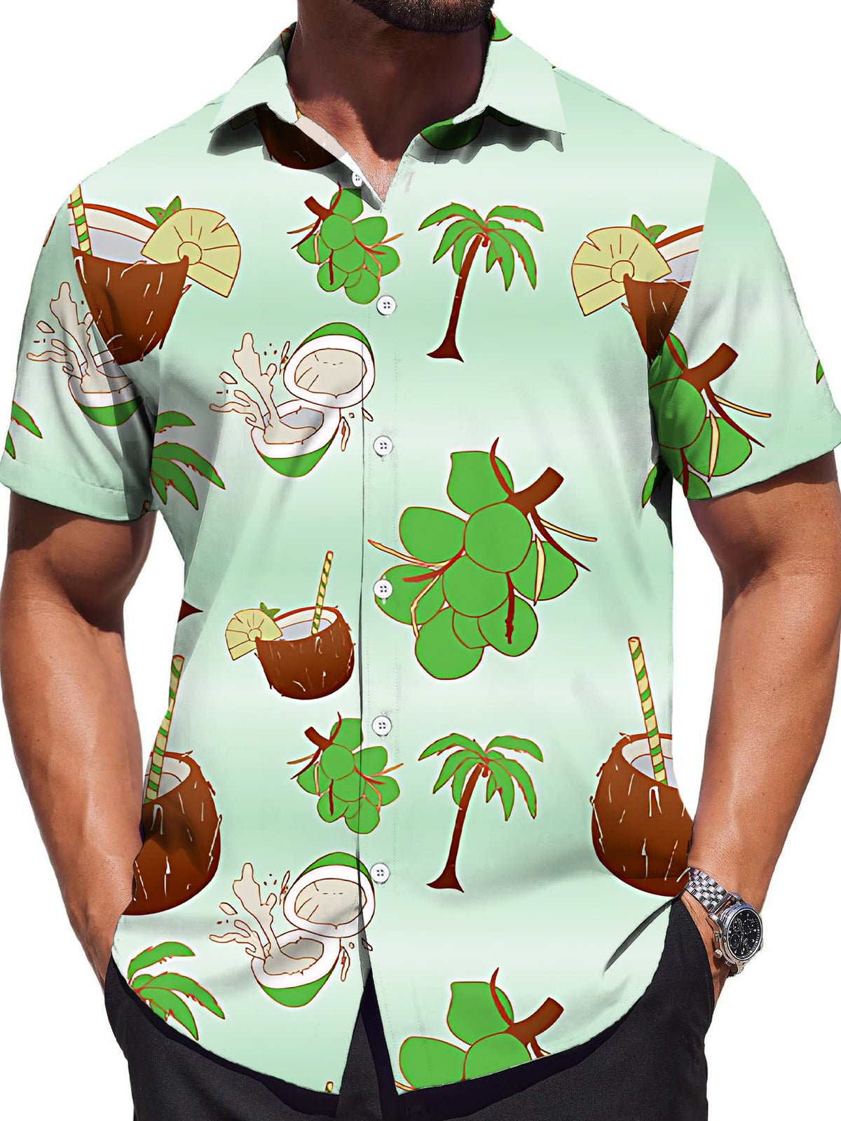 Men's Casual Digital Print Regular Fit Short Sleeve Shirt, Coconut Palm Tree Cartoon Style in Light Green, Stylish and Elegant Dopamine Party Top, Men's/Printed/Summer/Clothes/Apparel/Trendy/Streetwear