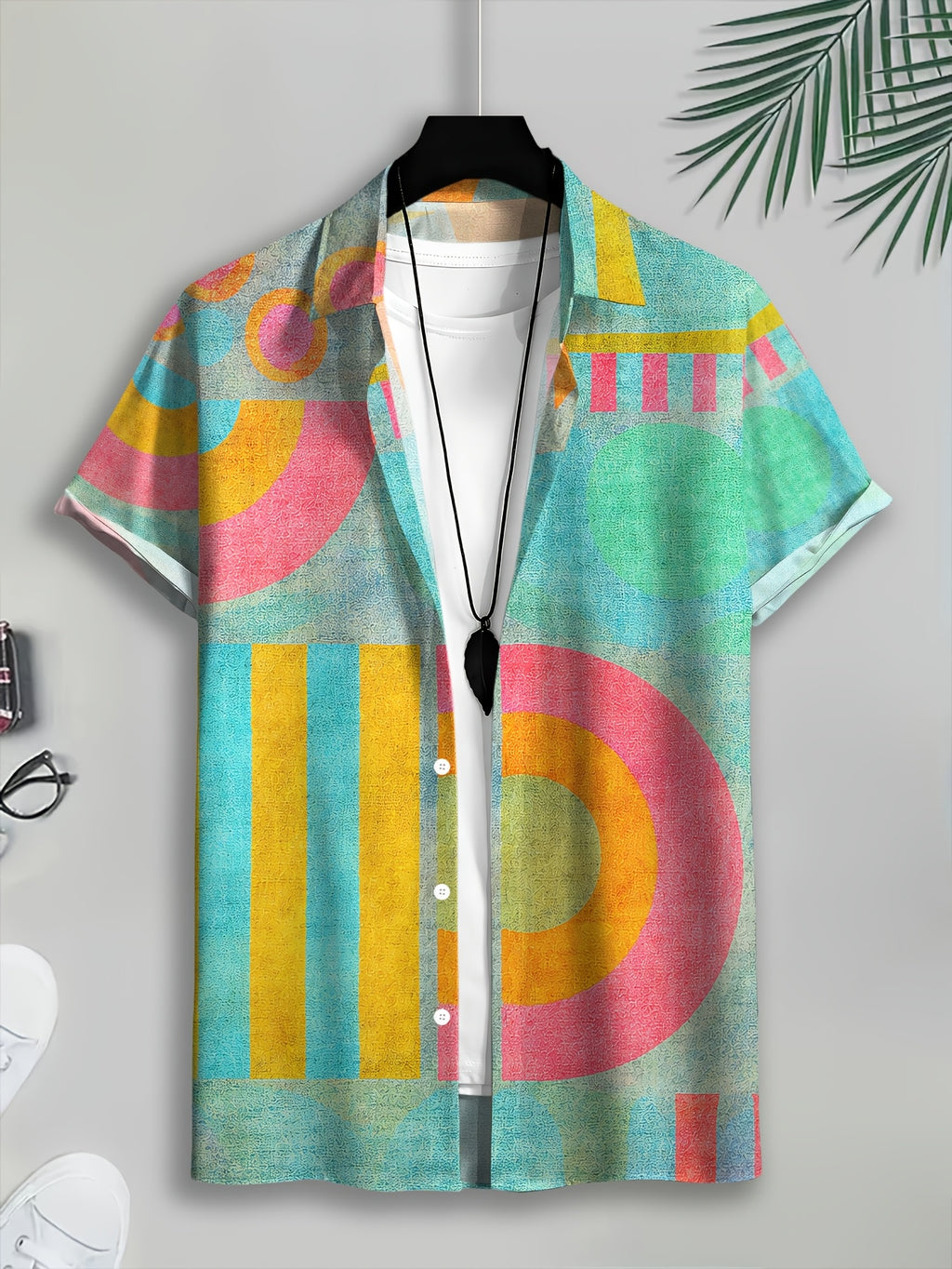 Color-Block Geometric Pattern Men'S Casual Shirt Abstract Shapes Summer Vibrant Design