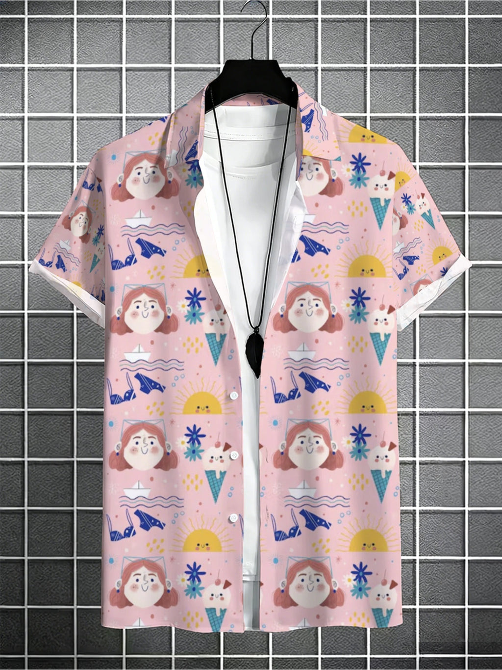 Men'S Cartoon Character Sun, Waves, And Ice Cream Print Hawaiian Shirt, Light Pink Sweet And Fun Summer Seaside Short-Sleeve Collared Shirt, Summer Vacation Couple'S Casual Aloha Shirt, Top Choice for Teenage Men'S Gifts
