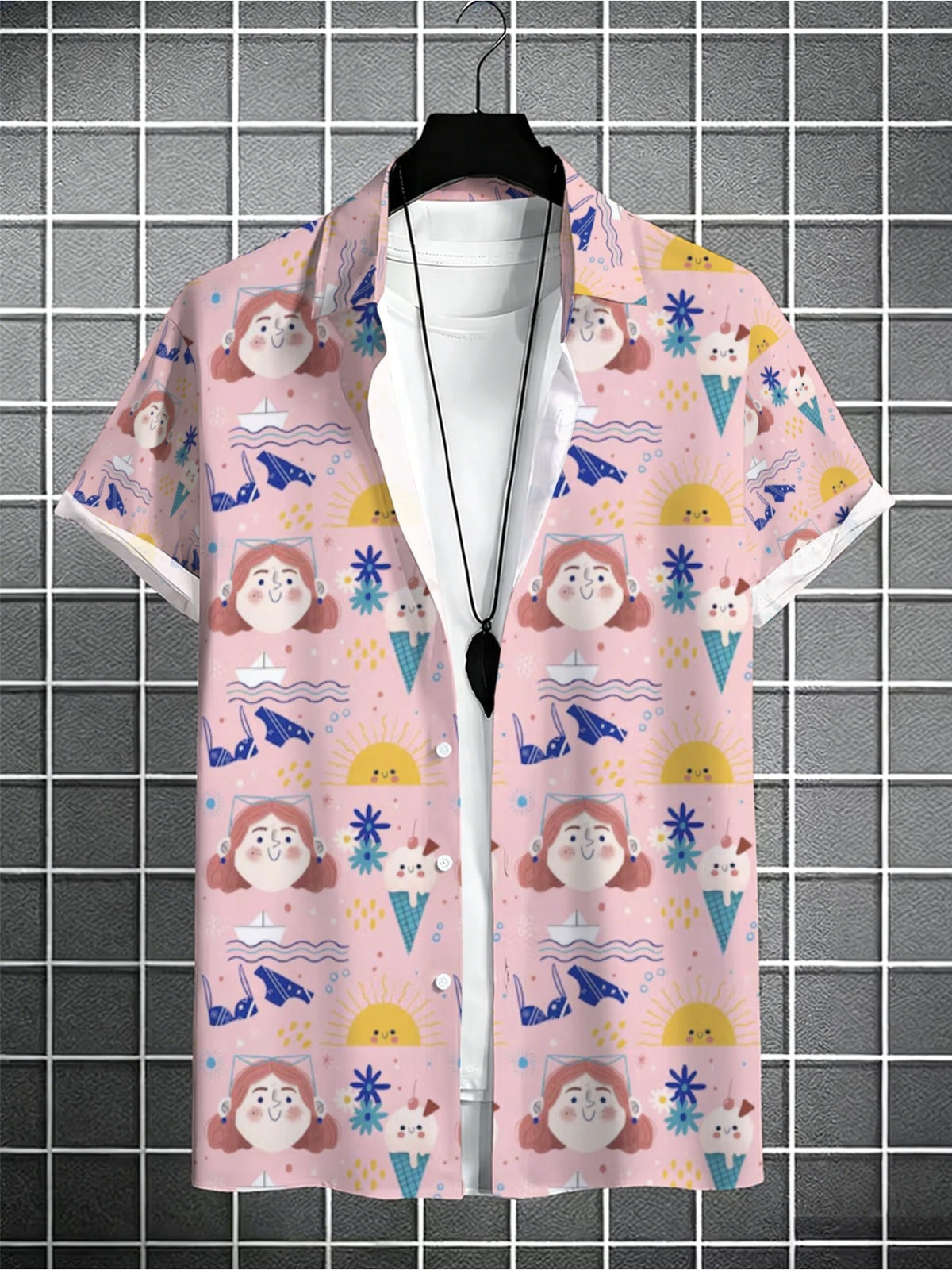 Men'S Cartoon Character Sun, Waves, And Ice Cream Print Hawaiian Shirt, Light Pink Sweet And Fun Summer Seaside Short-Sleeve Collared Shirt, Summer Vacation Couple'S Casual Aloha Shirt, Top Choice for Teenage Men'S Gifts