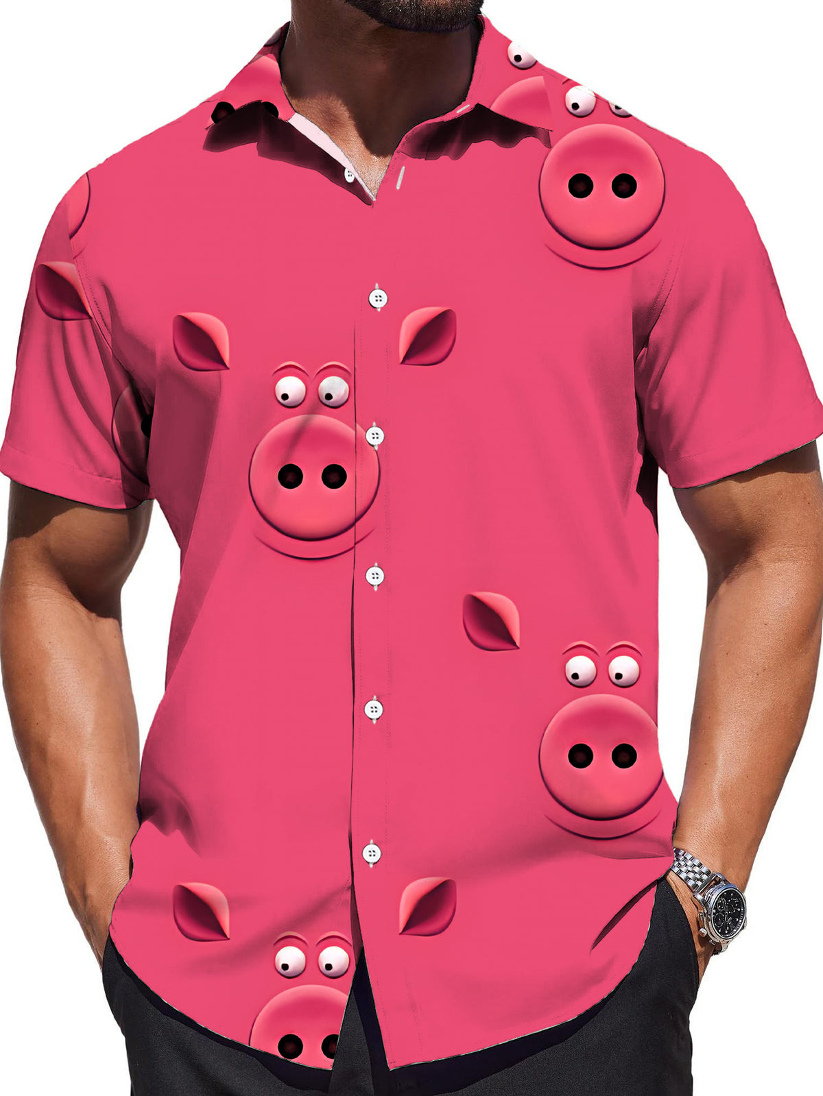 Men's Short-Sleeve Shirt, Fashionable Trendy Digital Print Short-Sleeve Shirt with Pink Cartoon Pig Pattern, Stylish and Elegant, Trendy/Men's/Printed/Summer/Streetwear/Clothing/Apparel