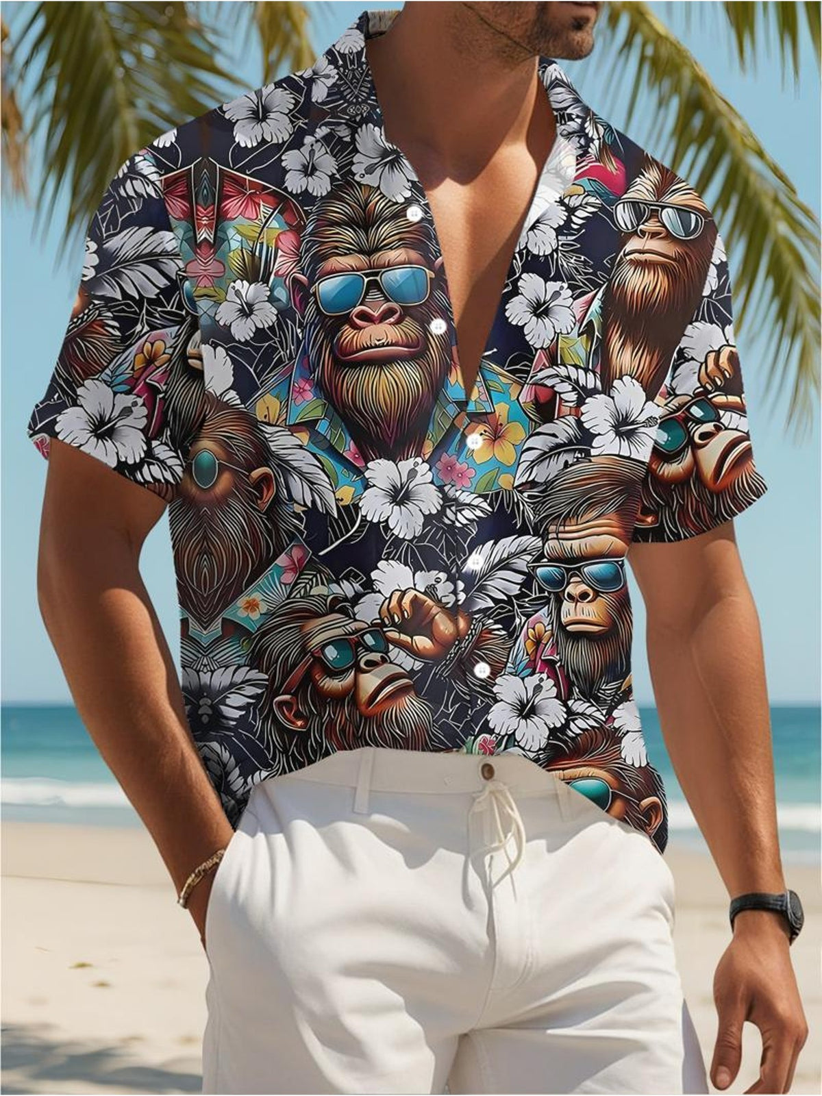 Hawaiian Style Men's Casual Shirt Monkey with Fashion Glasses And Flowers Beach Summer Wear
