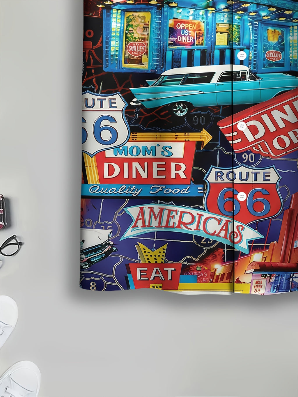 Retro American Style Men's Casual Shirt, Colorful Prints, Blue Background, Route 66, Motorcycle, Restaurant, Car, Signboard, Text Theme, Summer, Lively Street Scene, Fashionable Casual Short-sleeve Shirt, Travel