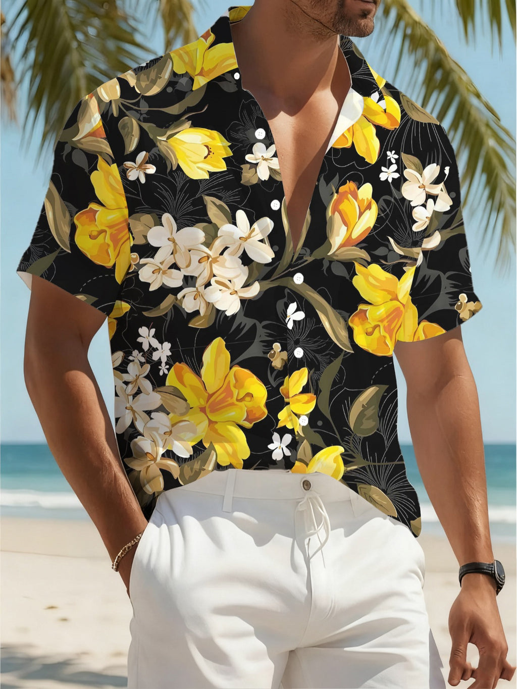 New Men's Hawaiian Lapel Shirt - Tropical Hawaiian Men's Floral Print Summer Casual Shirt, Vibrant Yellow with Beige Flowers, Lightweight and Breathable Fabric, Machine Washable, Suitable for Beach Vacations, Outdoor Activities, and Style