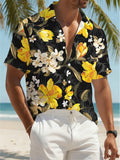 New Men's Hawaiian Lapel Shirt - Tropical Hawaiian Men's Floral Print Summer Casual Shirt, Vibrant Yellow with Beige Flowers, Lightweight and Breathable Fabric, Machine Washable, Suitable for Beach Vacations, Outdoor Activities, and Style