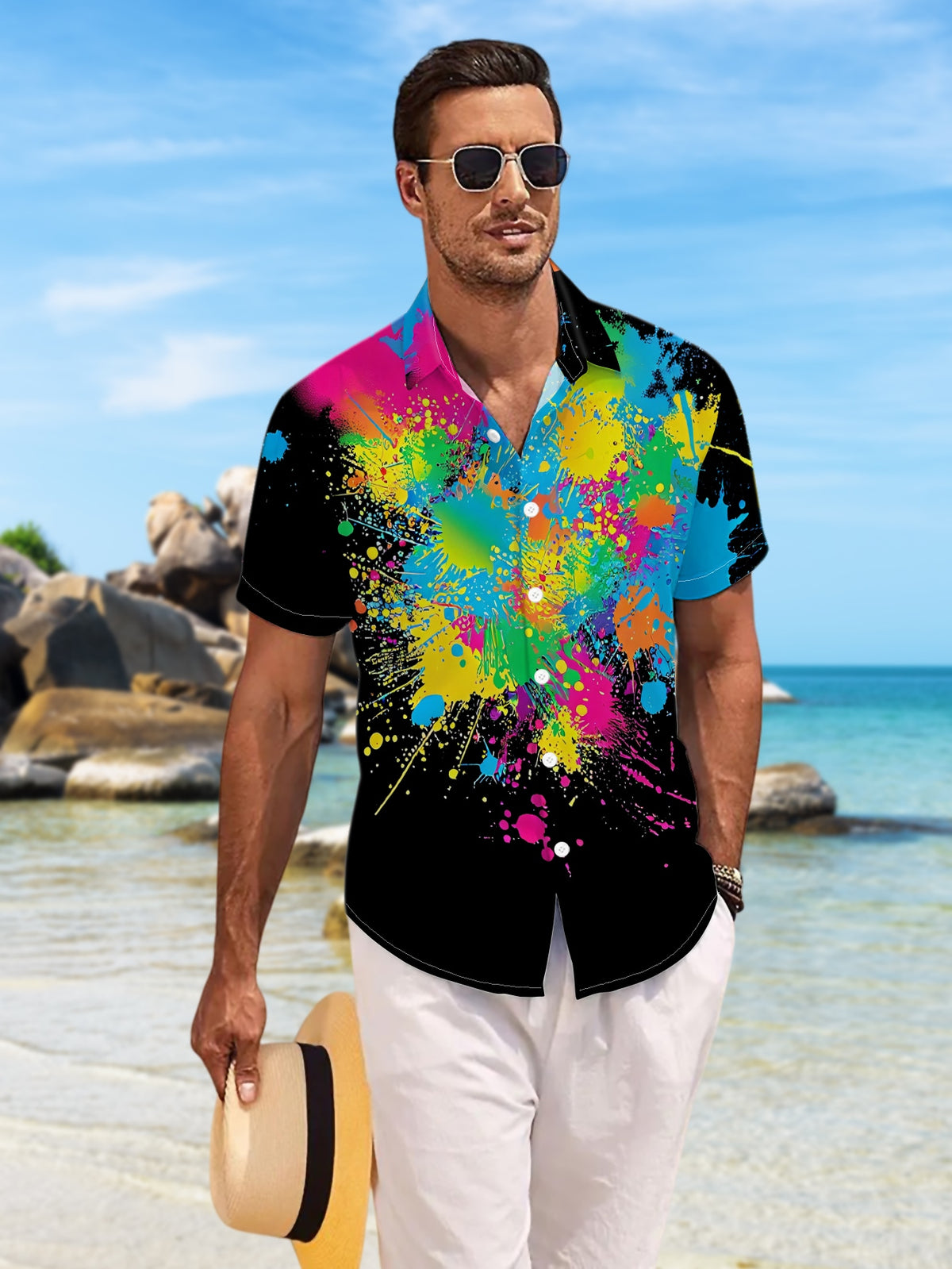 New Men's Casual Short-Sleeve Shirt with Splattering Colorful Ink on a Black Background, a Dazzling and Versatile Top for Holiday Parties and Commuting. Made of Polyester Fiber, Machine Washable, Button-Up Printed Shirt