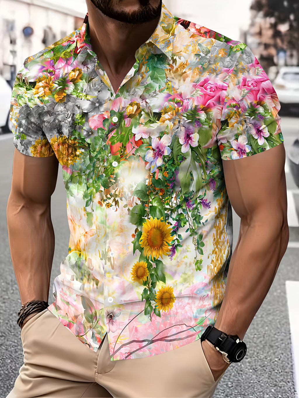 Men's Casual Floral Print Shirt with Vibrant Summer Flowers and Sunflowers Design