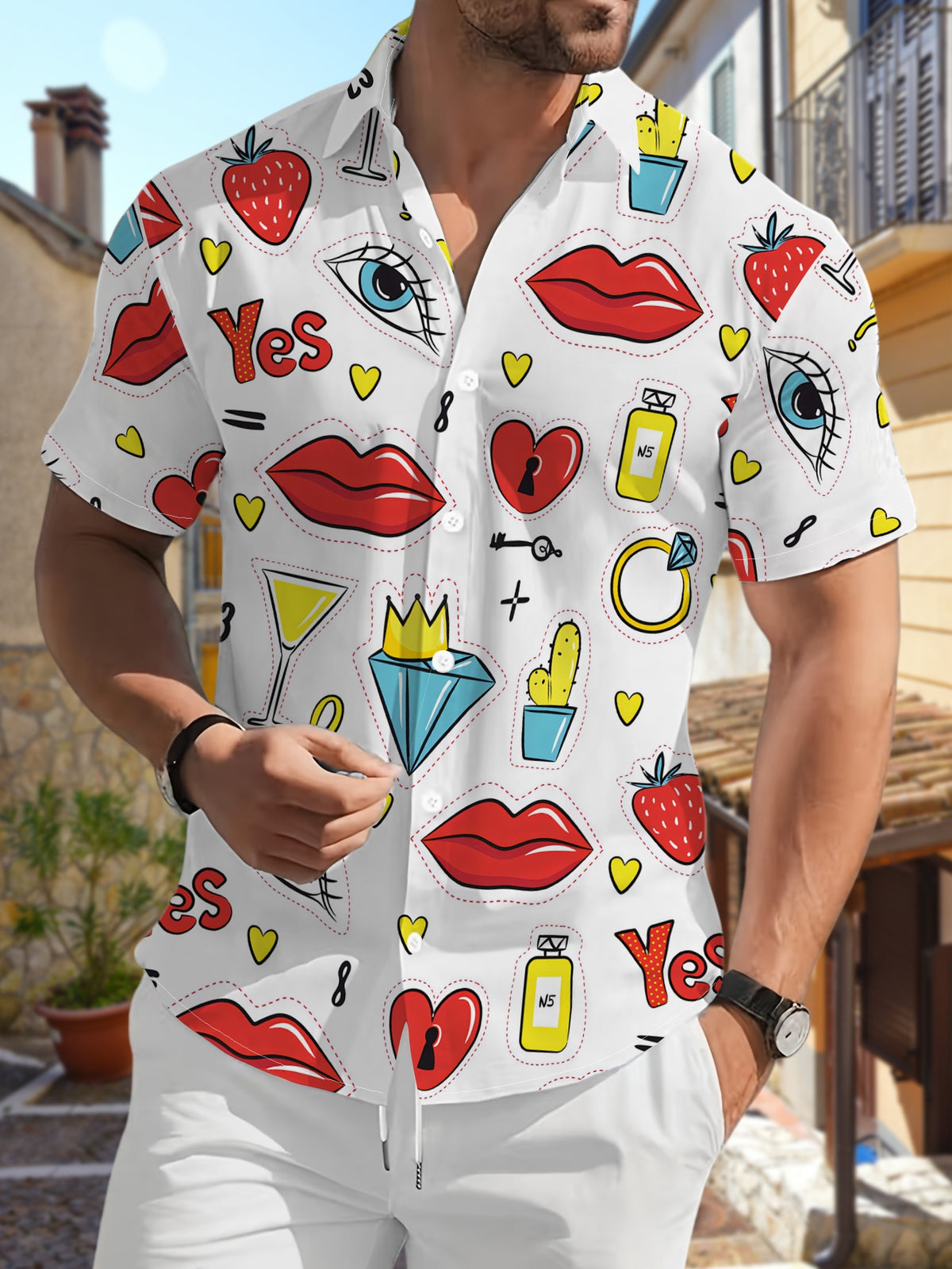 New Men'S Casual Short Sleeve Shirt, Red Lips And Diamonds Trendy Elements Full Layout, Holiday Party Commute Versatile, Polyester Fabric Machine Washable, Button-Print Shirt