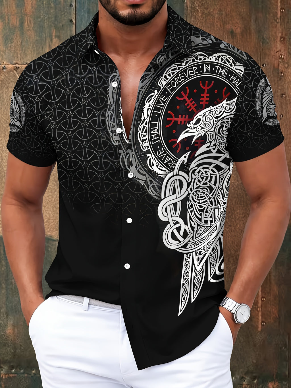Viking Style Men'S Casual Shirt, Print Black Norse Mythology And Rune Design Summer Detailed Raven And Knotwork Pattern